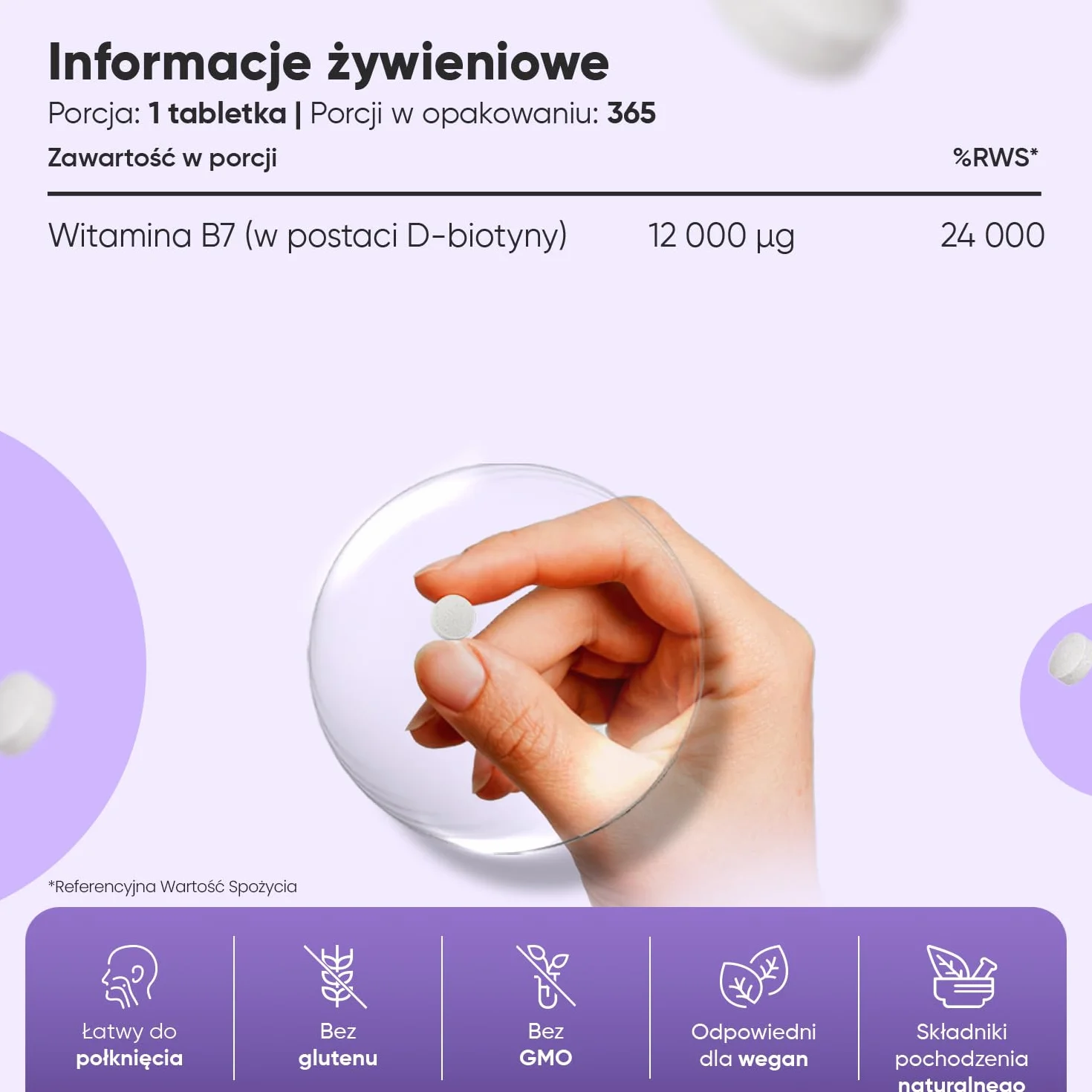 Biotyna 12 000 mcg – 365 tabletek suplementu witaminy B7 dla kobiet i mężczyzn, Biotyna przyczynia się do utrzymania prawidłowego stanu włosów (EFSA) – na 1 rok, wegańska