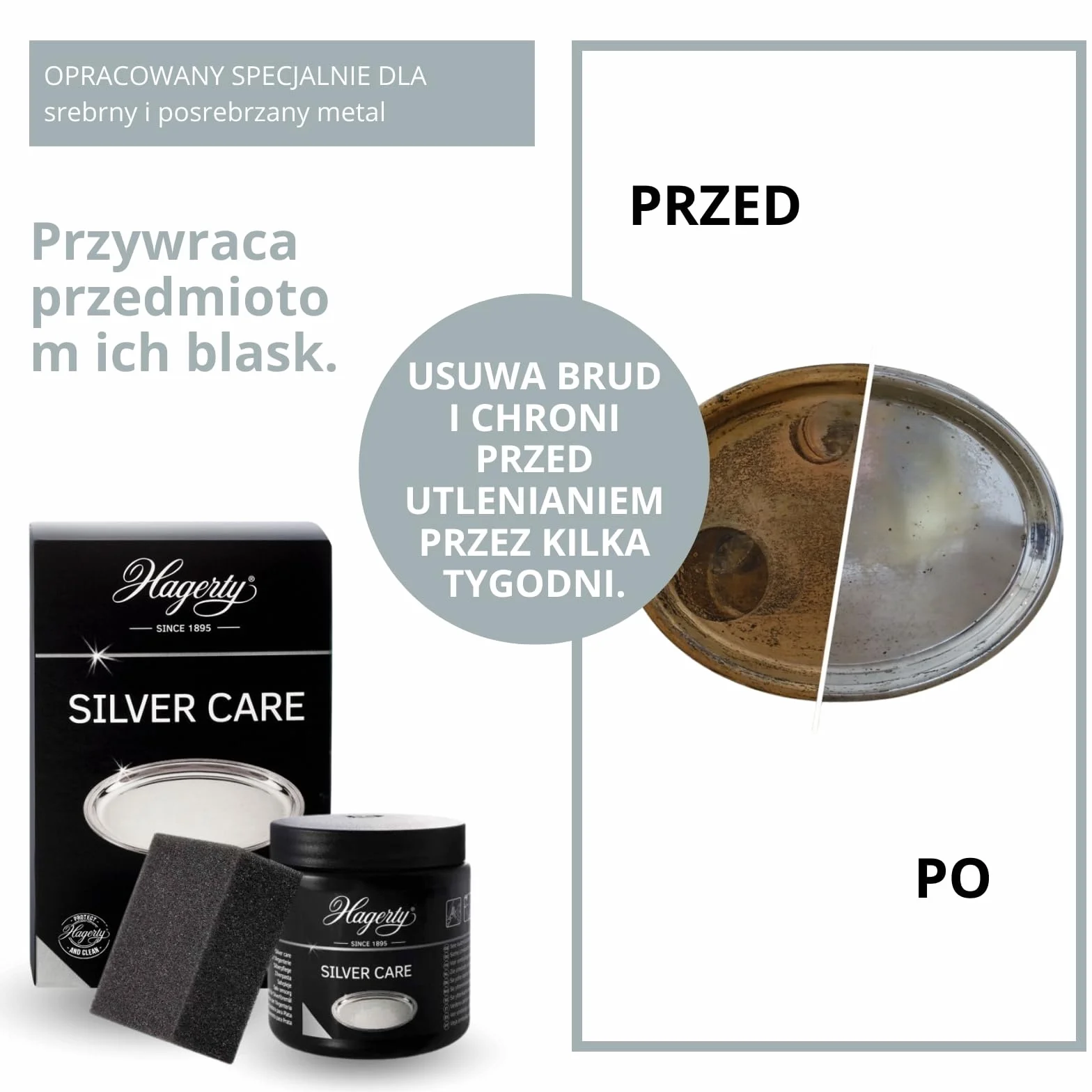 Hagerty Silver Care Pasta do srebra 185 g I Pasta polerująca do czyszczenia i pielęgnacji srebra i posrebrzanego metalu I Środek do czyszczenia srebra do srebrnych talerzy tac z nalotem I z gąbeczką
