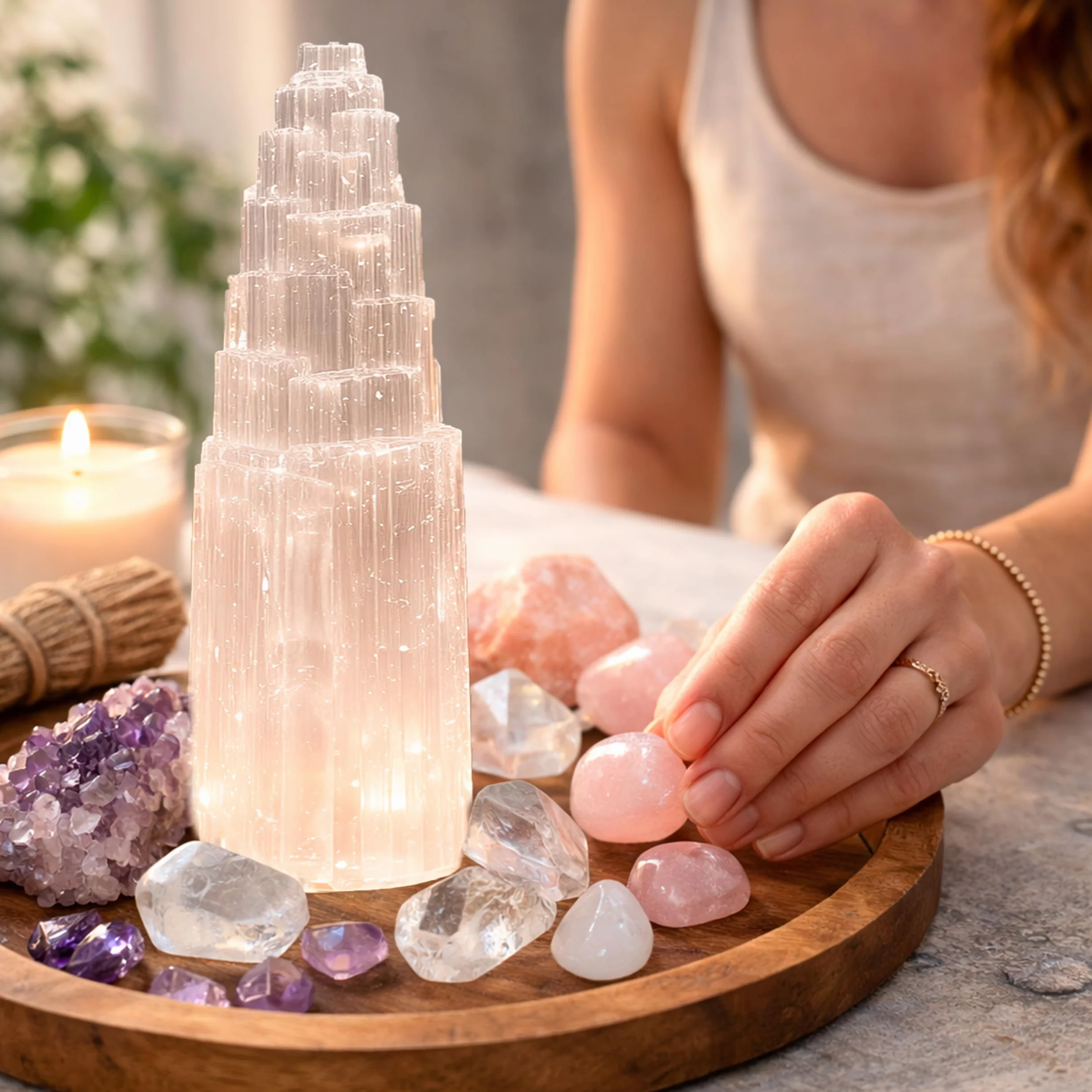NKlaus Selenit Wieża energetyczna 20 cm – ręcznie wykonana kolumna z kamienia leczniczego do medytacji, Reiki i ochrony, idealna do harmonizacji przestrzeni i duchowego oczyszczania