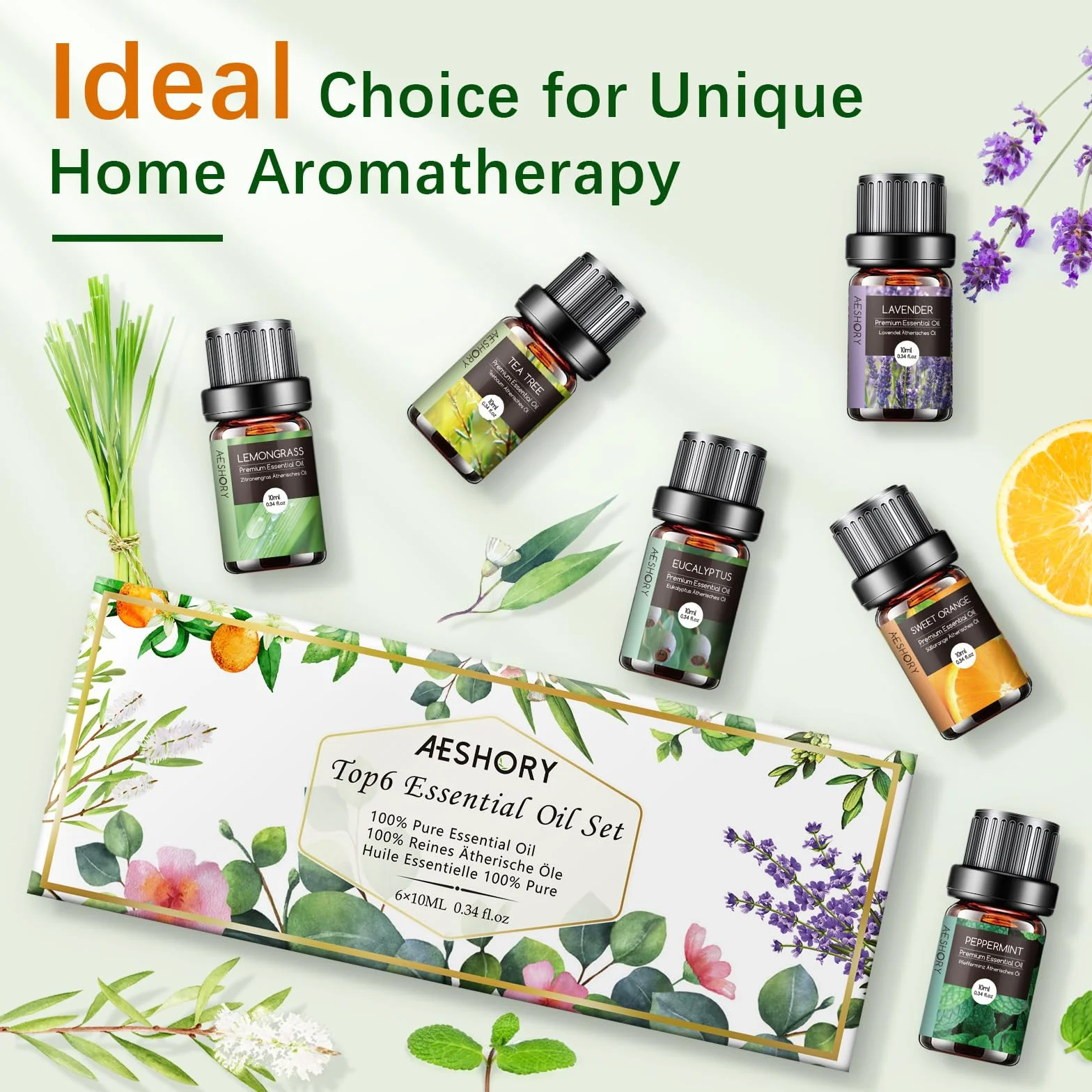 AESHORY Olejki Eteryczne Do Dyfuzorów 6 x 10ML, 100% Naturalny Zestaw Olejków Zapachowych Do Aromaterapii Do Mydła, Świec, Spa - Lawenda, Mięta, Drzewo Herbaciane, Słodka Pomarańcza, Eukaliptus