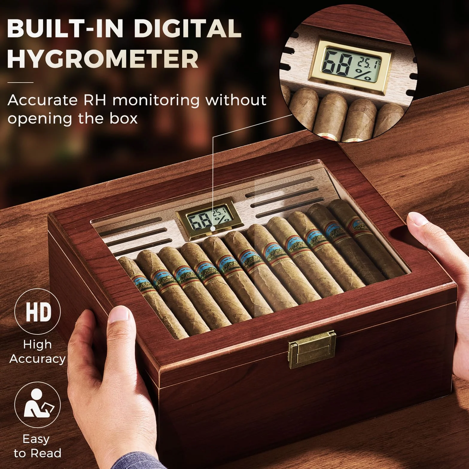 ProCase Humidor do cygar z drewna cedrowego, cyfrowy higrometr, szklany blat, duży, brązowy
