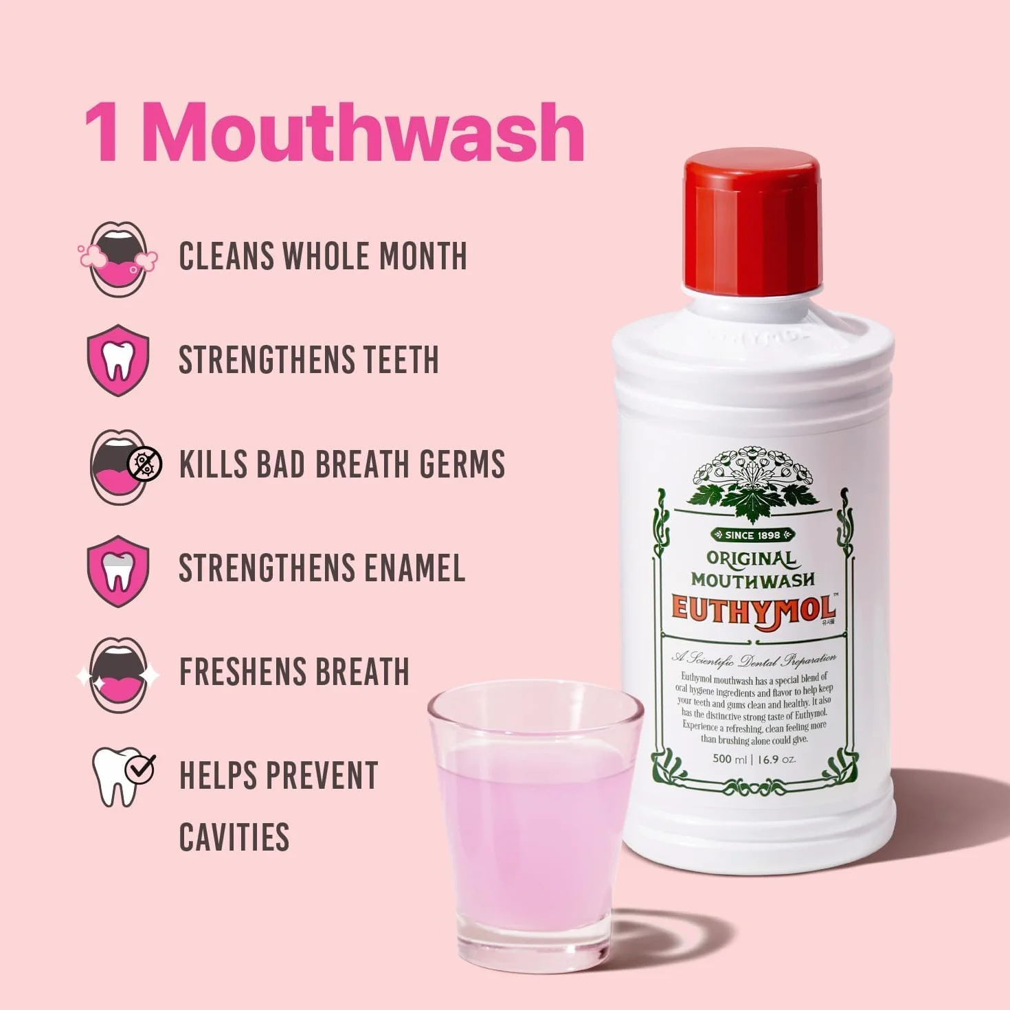 Euthymol Mouthwash Mild Mint 500 ml x 2, nie zawiera alkoholu, wyrazisty smak, redukcja płytki nazębnej dziąseł czystych dziąseł, odświeża odświeżająca oddech codzienna pielęgnacja zębów