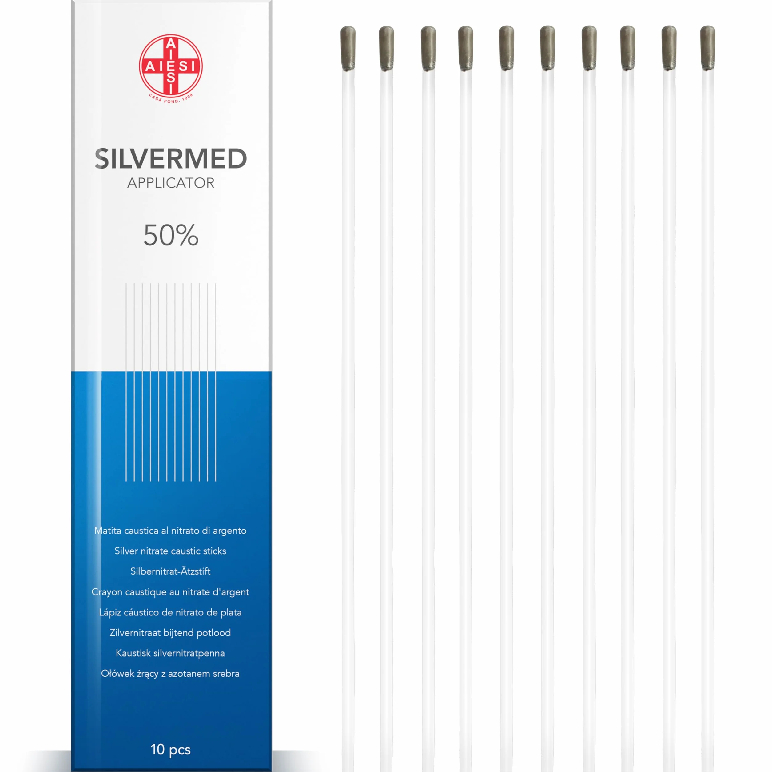 AIESI Pałeczki z azotanu srebra 50% SILVERMED 50 do leczenia brodawek i nagniotków Opakowanie 10 aplikatorów