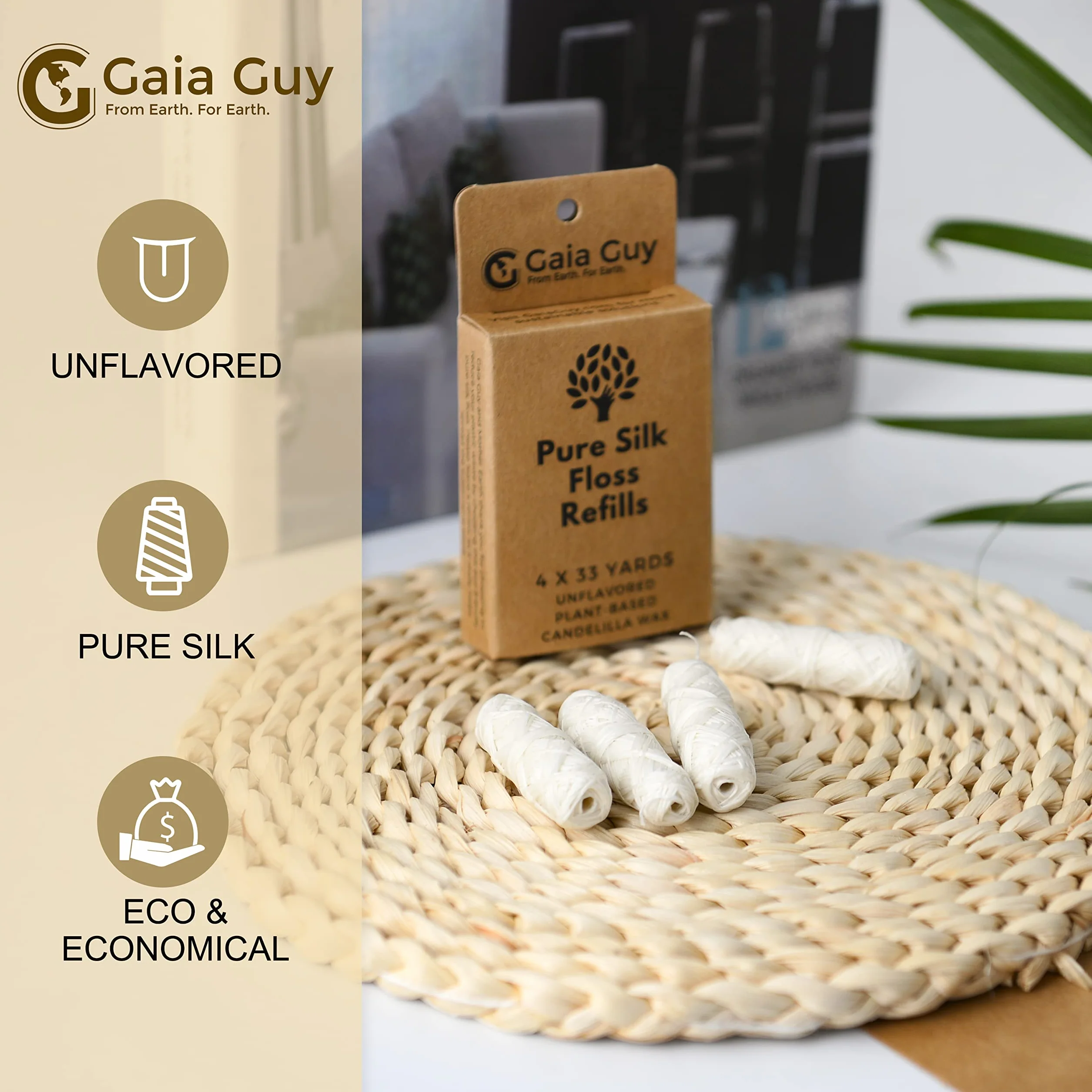 Gaia Guy Wkład do jedwabnej nici dentystycznej | Naturalny jedwab niearomatyzowany | 4 szpule x 33 jardy | Kompostowalna, zrównoważona i biodegradowalna nić jedwabna i ekologiczne opakowanie