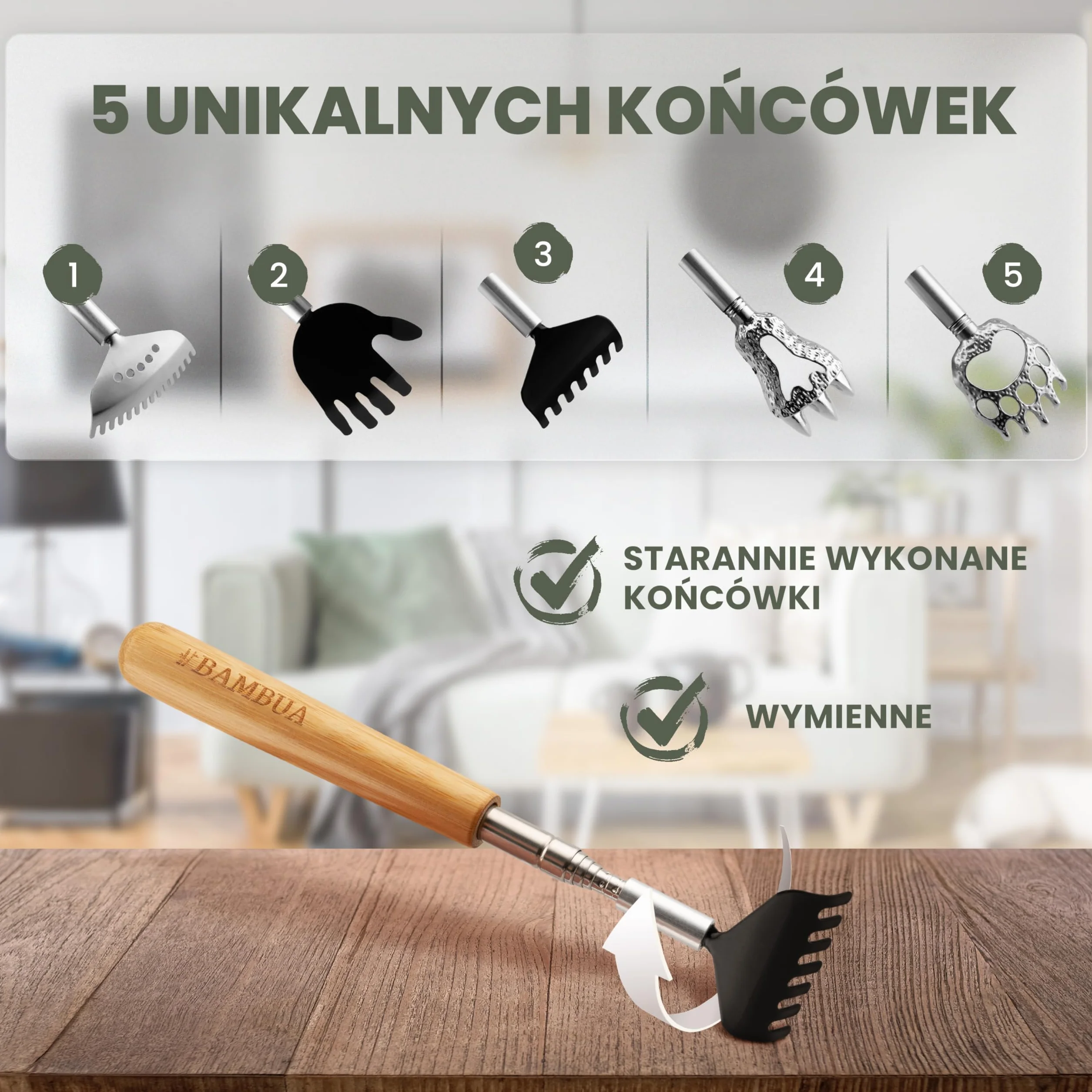 BAMBUA Zgarniacz do pleców z teleskopem - [W zestawie 5 końcówek] Uchwyt bambusowy - Dla przyjemnego uczucia drapania - Zestaw premium ze stali nierdzewnej do drapania pleców - Idealny na prezent