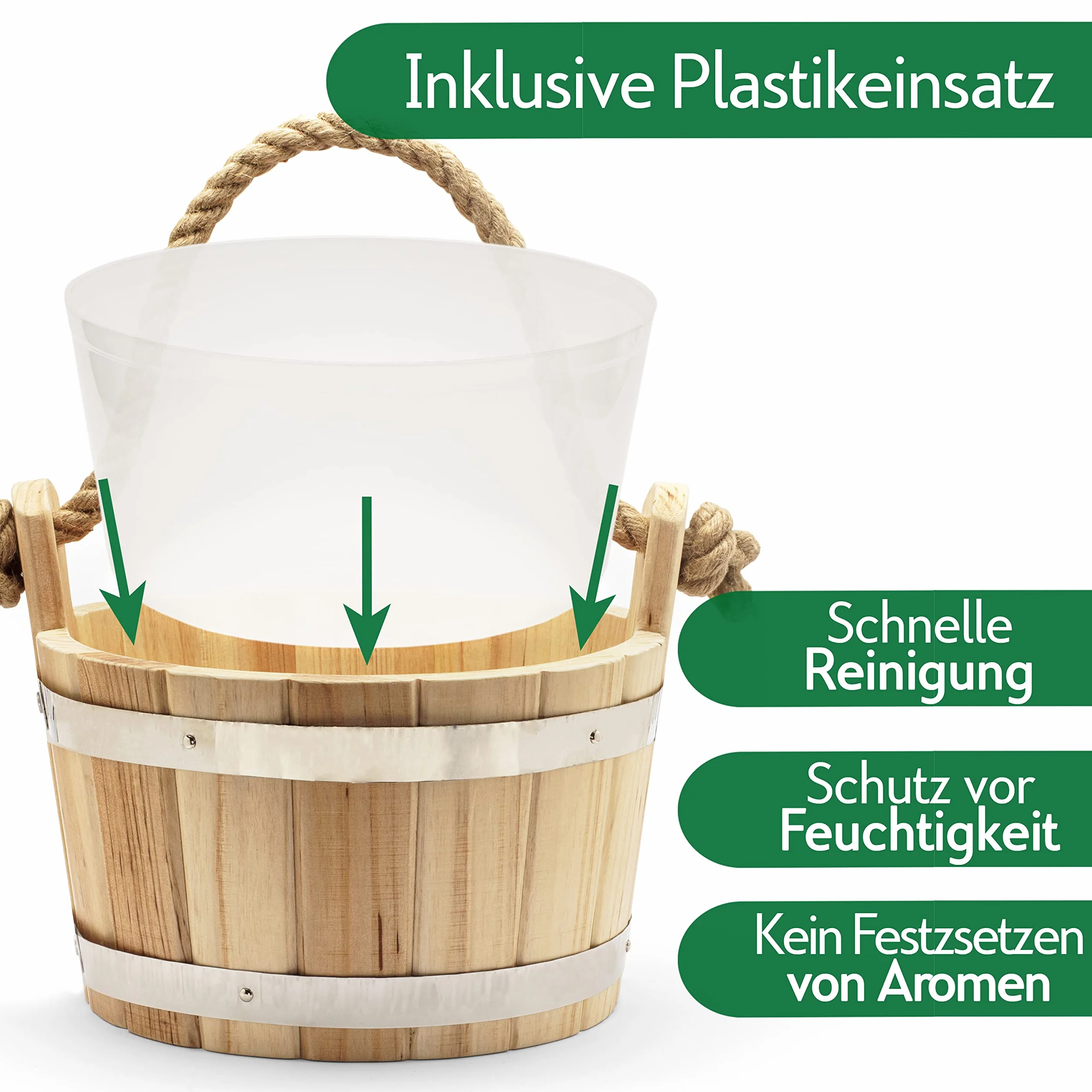 CozyNature Wiadro do sauny z chochlą wykonane z wysokiej jakości drewna sosnowego z fińskiego drewna sosnowego, szlachetny metalowy pierścień - mocna lina konopna i wkładka z tworzywa sztucznego, w
