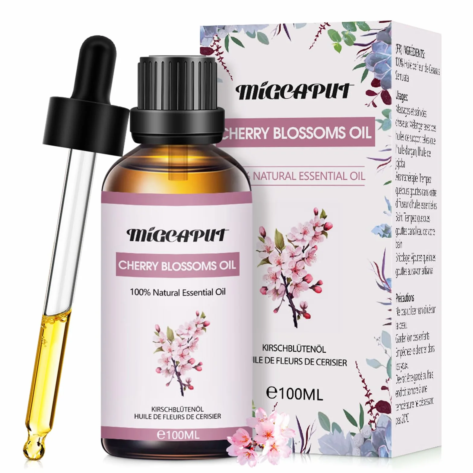 MIGCAPUT Olejek Eteryczny z Kwiatu Wiśni 100ML, Olejki do Aromaterapii Premium, 100% Naturalny Olejki Aromaterapeutyczny do Dyfuzora, SPA, Masażu, Snu, Mydła, Ręcznie Robione Świece