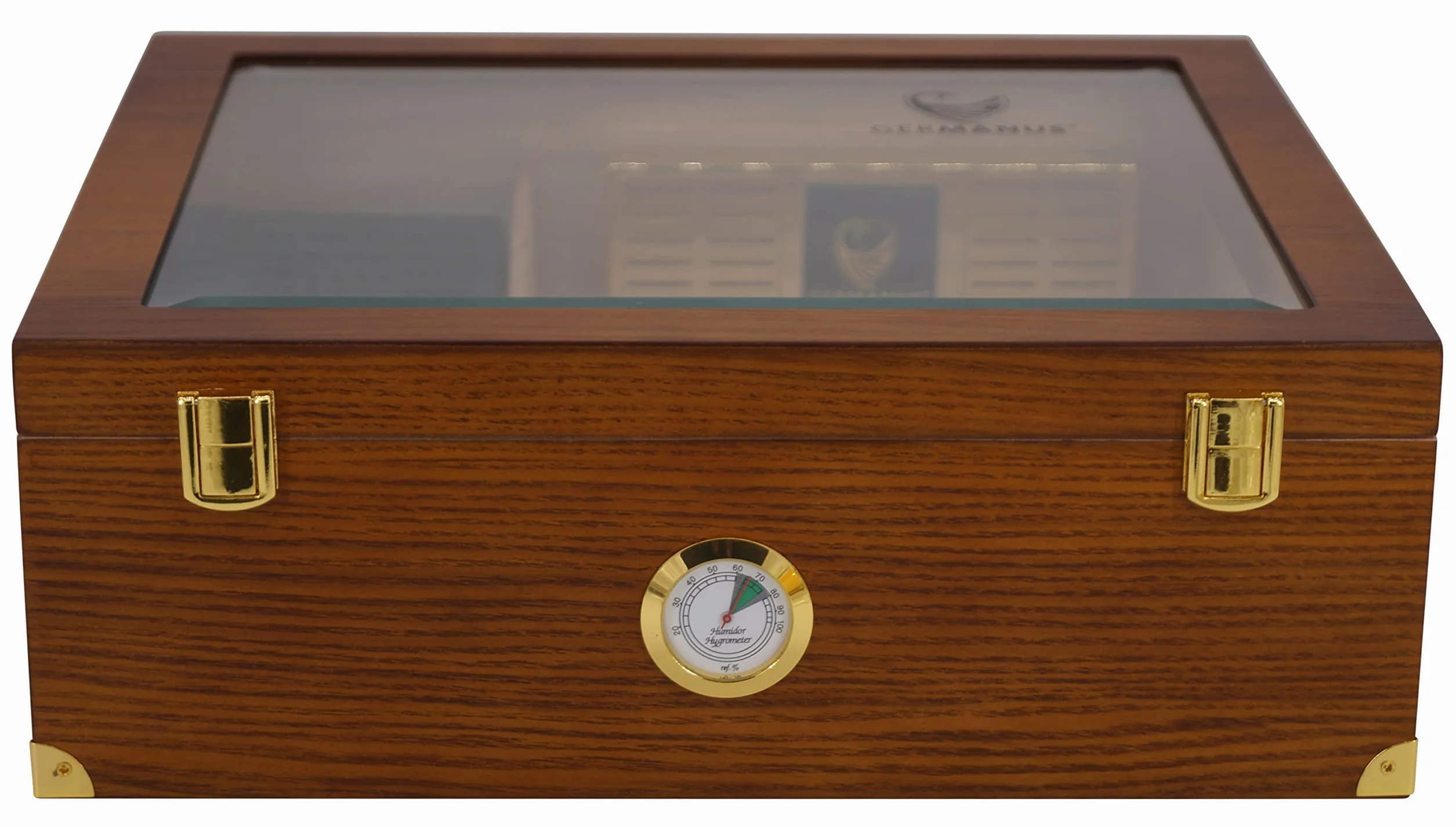 GERMANUS Humidor na 100 cygar w kolorze brązowym z okuciami i szklanym okienkiem