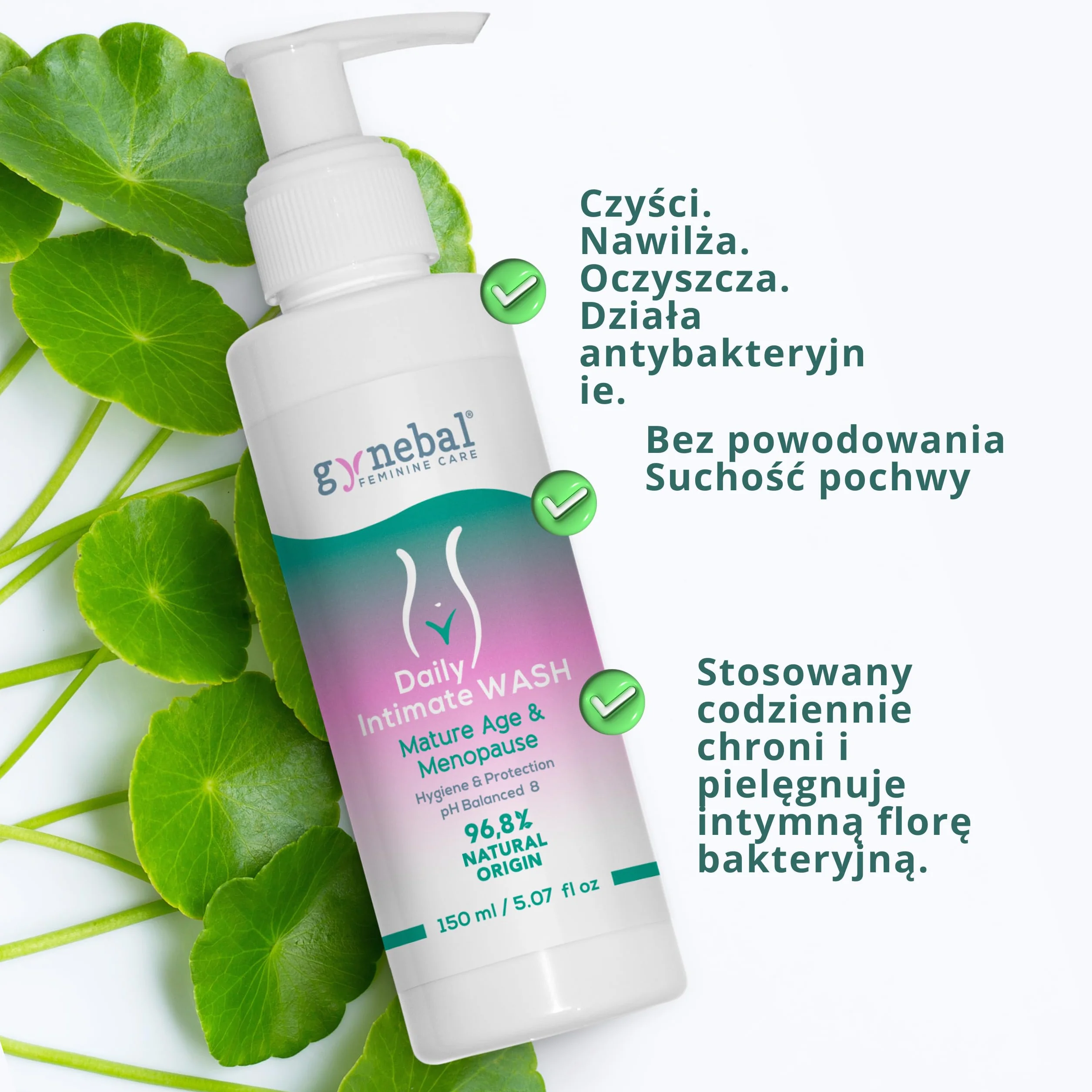 GYNEBAL Mydło intymne dla kobiet w okresie menopauzy PH8 Tea Tree + Prebiotyk + Centella Asiatica + Gliceryna + Łopian - Żel do higieny intymnej zapobiegający wysuszeniu pochwy - 150 ml
