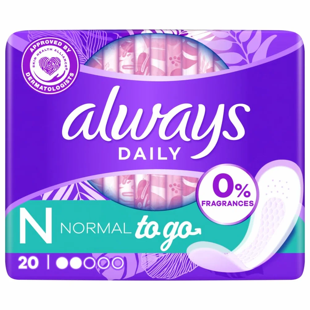 Always Daily Fresh Regularne wkładki do majtek Pojedyncze kieszenie 20 sztuk, 0% zapachu i barwnika, aby nie czuć niczego poza świeżością i ochroną