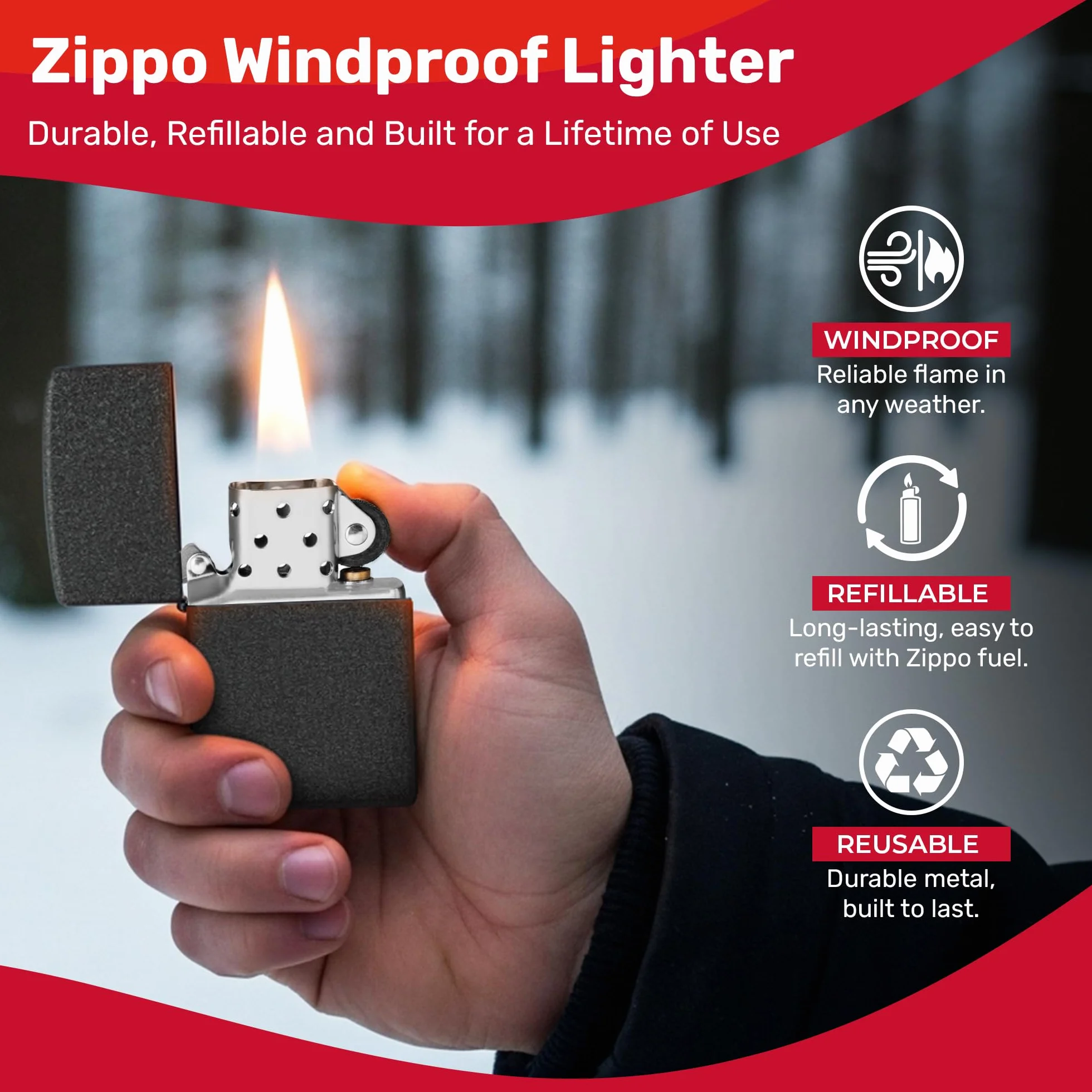 Zippo Zapalniczka Sztormowa Czarna Chropowata Wielokrotnego Użytku Odporna na Wiatr