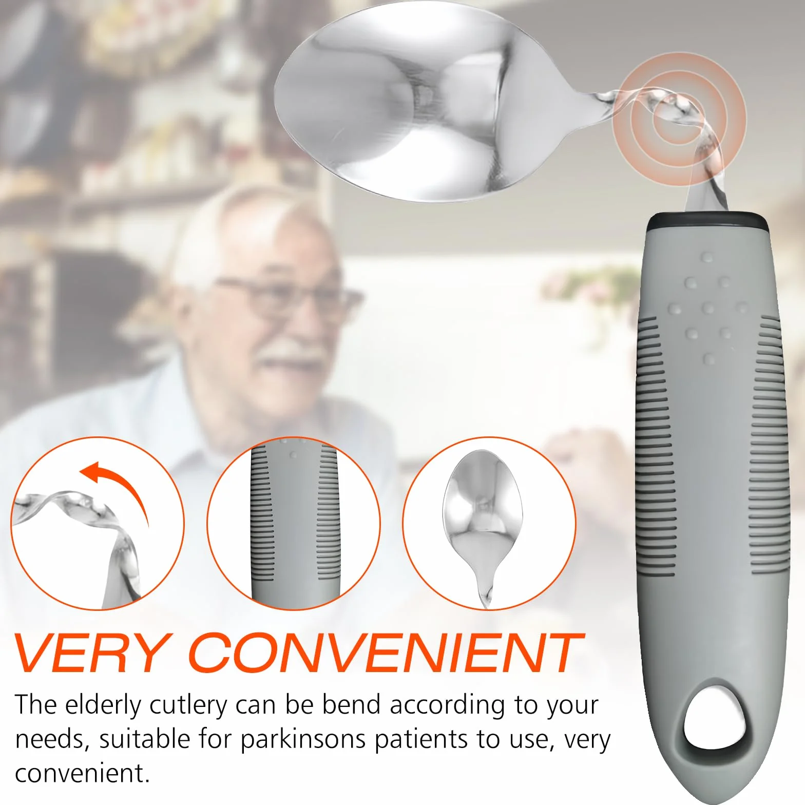 Parkinson sztućce: 5 sztuk adaptacyjnych sztućców, widelec, łyżeczka, nóż, sztućce dla seniorów z chorobą Parkinsona, dla osób niepełnosprawnych, drżenie rąk, szare
