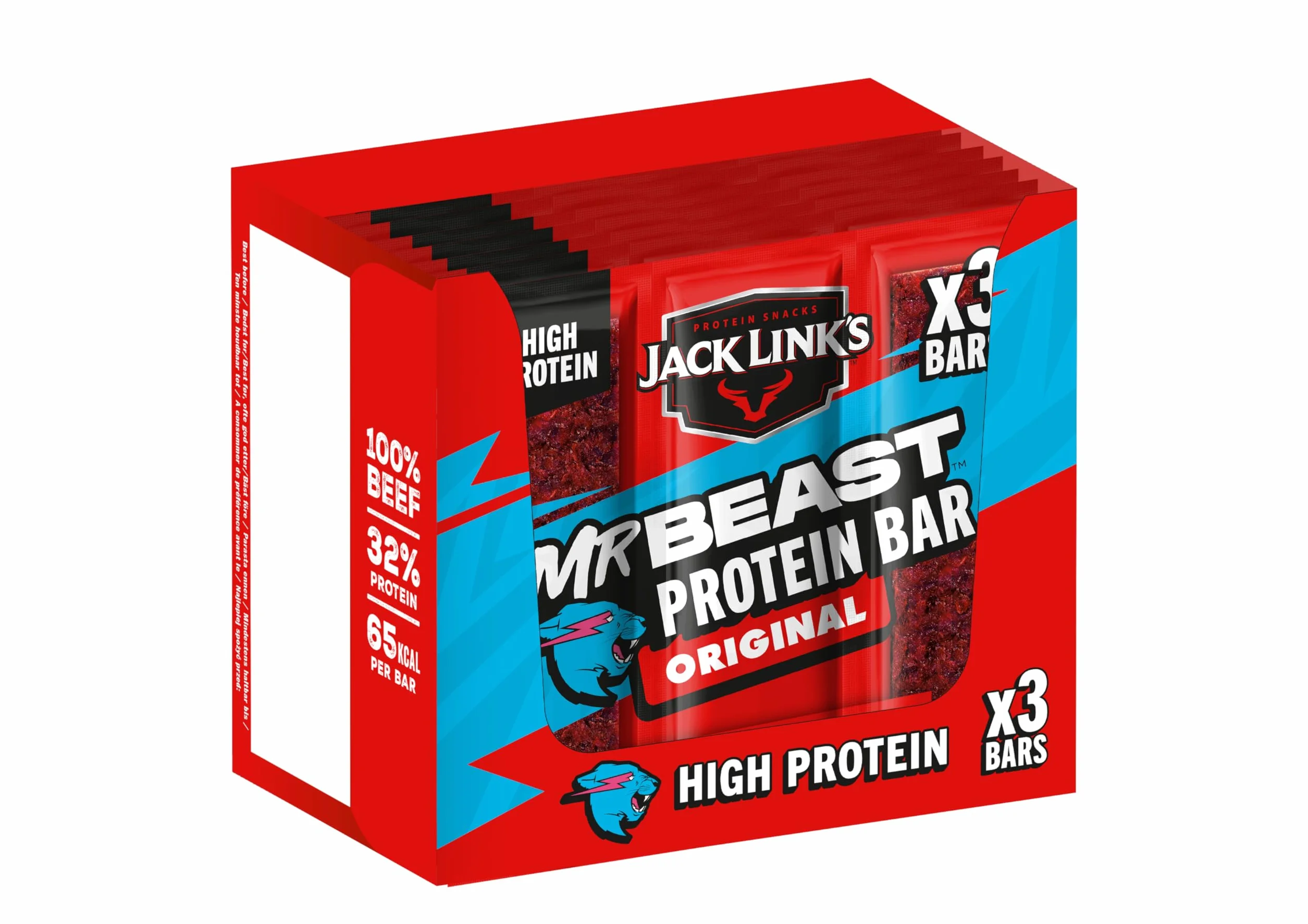 Jack Link's Original Proteinowy Baton z Wołowiny, Niskowęglowodanowe Batony Proteinowe, Baton Energetyczny, Przekąska Podczas Podróży i na Siłownię, Treningi, Wysokobiałkowa Przekąska (30 x 22.5 G)