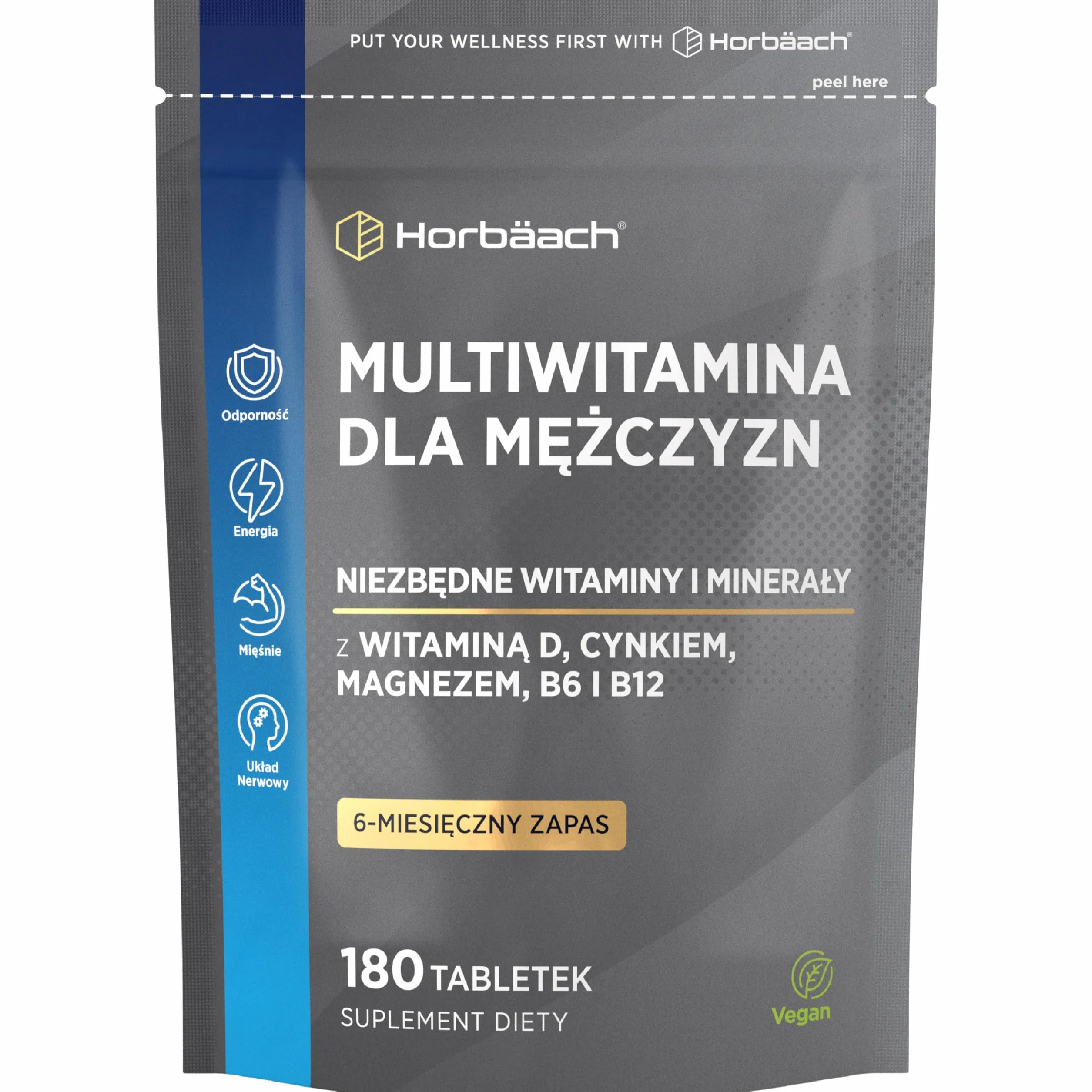 Multiwitamina dla Mężczyzn Tabletki | 26 Niezbędnych Składników Odżywczych | w Tym Cynk, Magnez, Witamina D3, B12 i Innymi | 180 Tabletek | Wegański Suplement | marki Horbaach