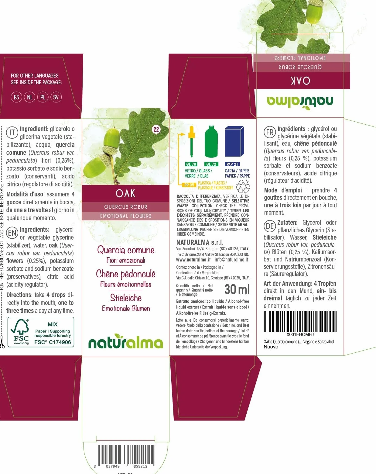 Oak lub Dąb szypułkowaty (Quercus robur var. pedunculata) Kwiaty emocji lub Kwiaty Bacha Naturalma - Krople 30 ml - Płynny ekstrakt bezalkoholowy - Esencje kwiatowe - Wegański