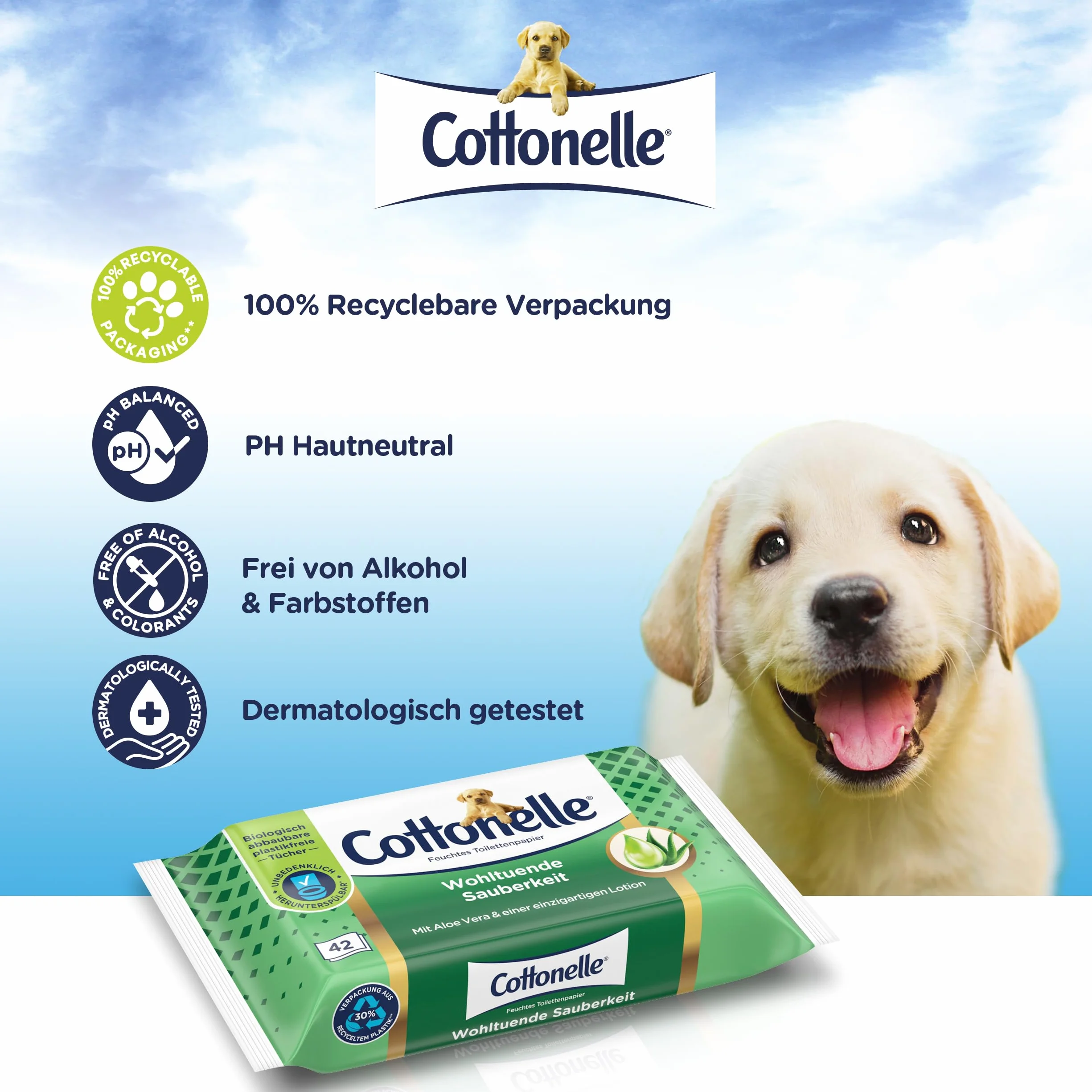 Cottonelle Wilgotny papier toaletowy, kojąca czystość, z balsamem prebiotycznym, biodegradowalny, 12 x 42 chusteczki nawilżane