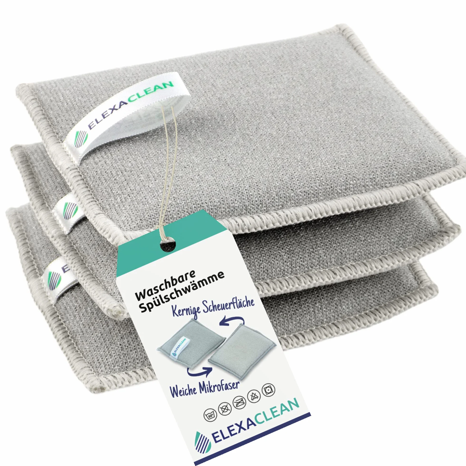 ELEXACLEAN gąbka kuchenna 3 szt., zmywak do garnków do prania i wielokrotnego użytku, mikrofibra do kuchni i domu, (12x10 cm (large), jasnoszara)