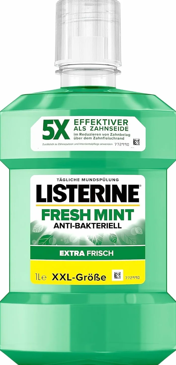 LISTERINE Fresh Mint 1000 ml, antybakteryjny płyn do płukania jamy ustnej z olejkami eterycznymi, zapewnia świeży oddech, płyn do płukania jamy ustnej, skutecznie redukuje osad nazębny i nieświeży