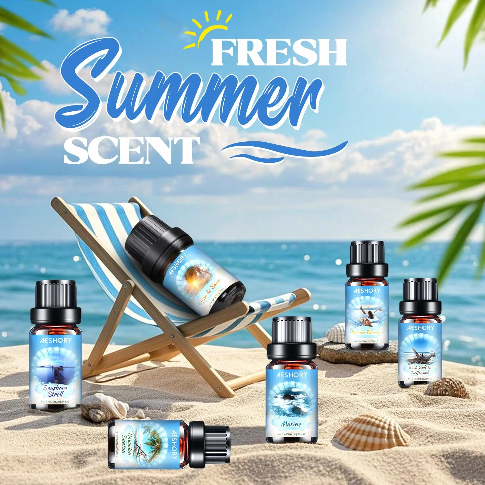 AESHORY Zestaw olejków eterycznych Beach 6 x 10 ml, Olejek zapachowy Summer Aroma Oil do dyfuzora - Hawaiian Suntan, Walk by the Sea, Sea Breeze, Sun & Sand, Rock Salt & Driftwood, Morze