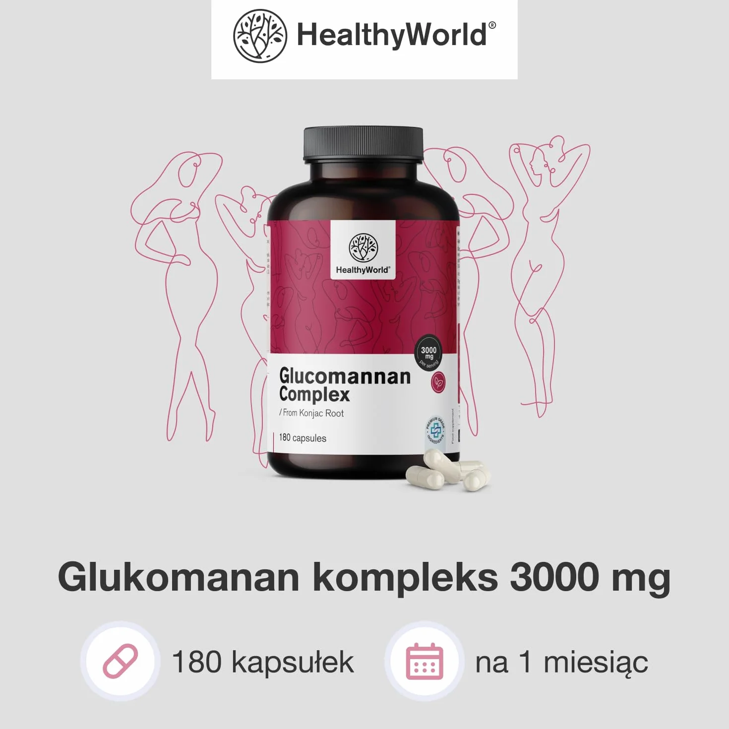 HealthyWorld Glukomanan kompleks 3000 mg 180 kapsułek Z Korzenia Konjac