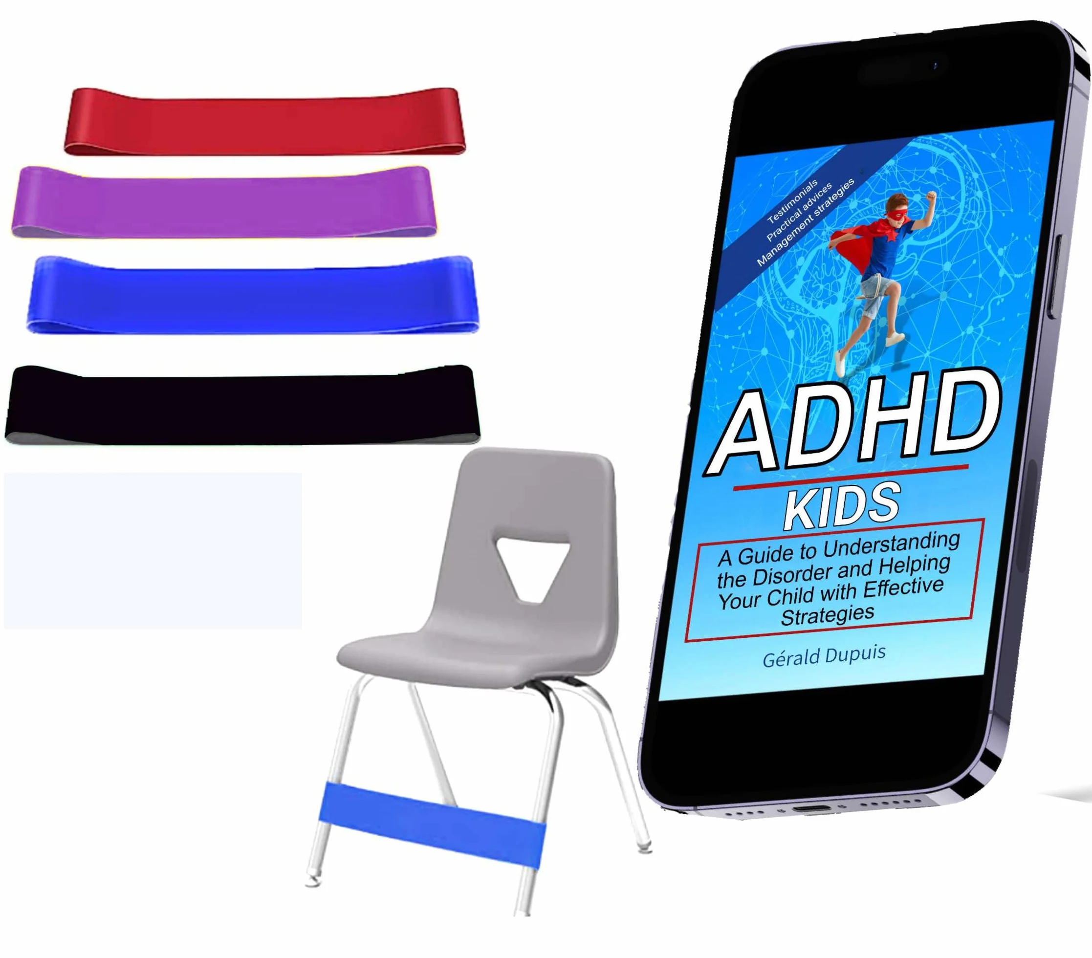 4 elastyczne taśmy na krzesło dla dzieci z ADHD, Gwarantowane skupienie i spokój, Bezpieczny materiał z naturalnego lateksu, eBook "ADHD u Dzieci" w zestawie