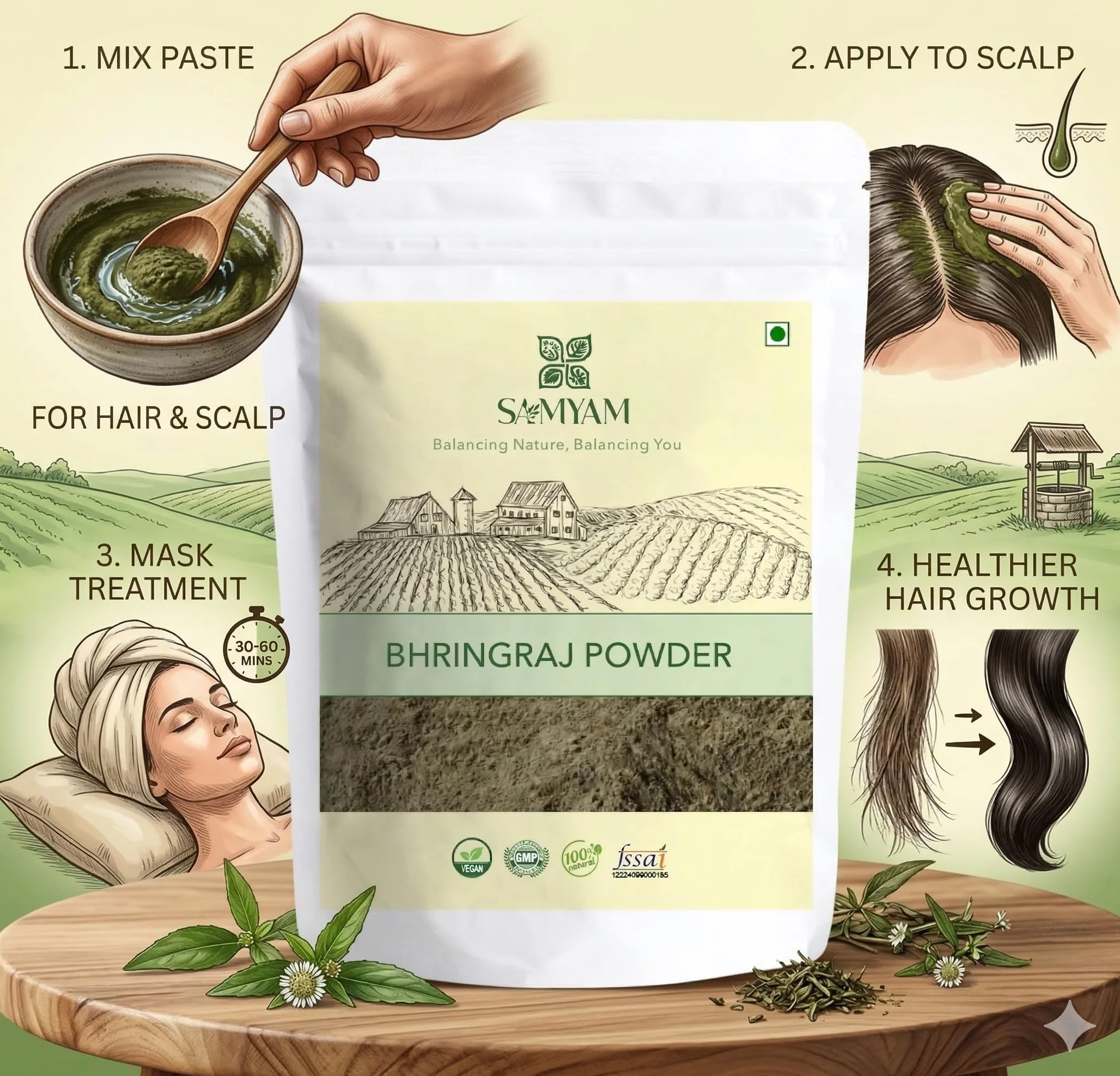 SAMYAM Bhringraj Herbal Hair Care Powder - opakowanie 200 g, ziołowy tonik, wzrost włosów, mocne włosy