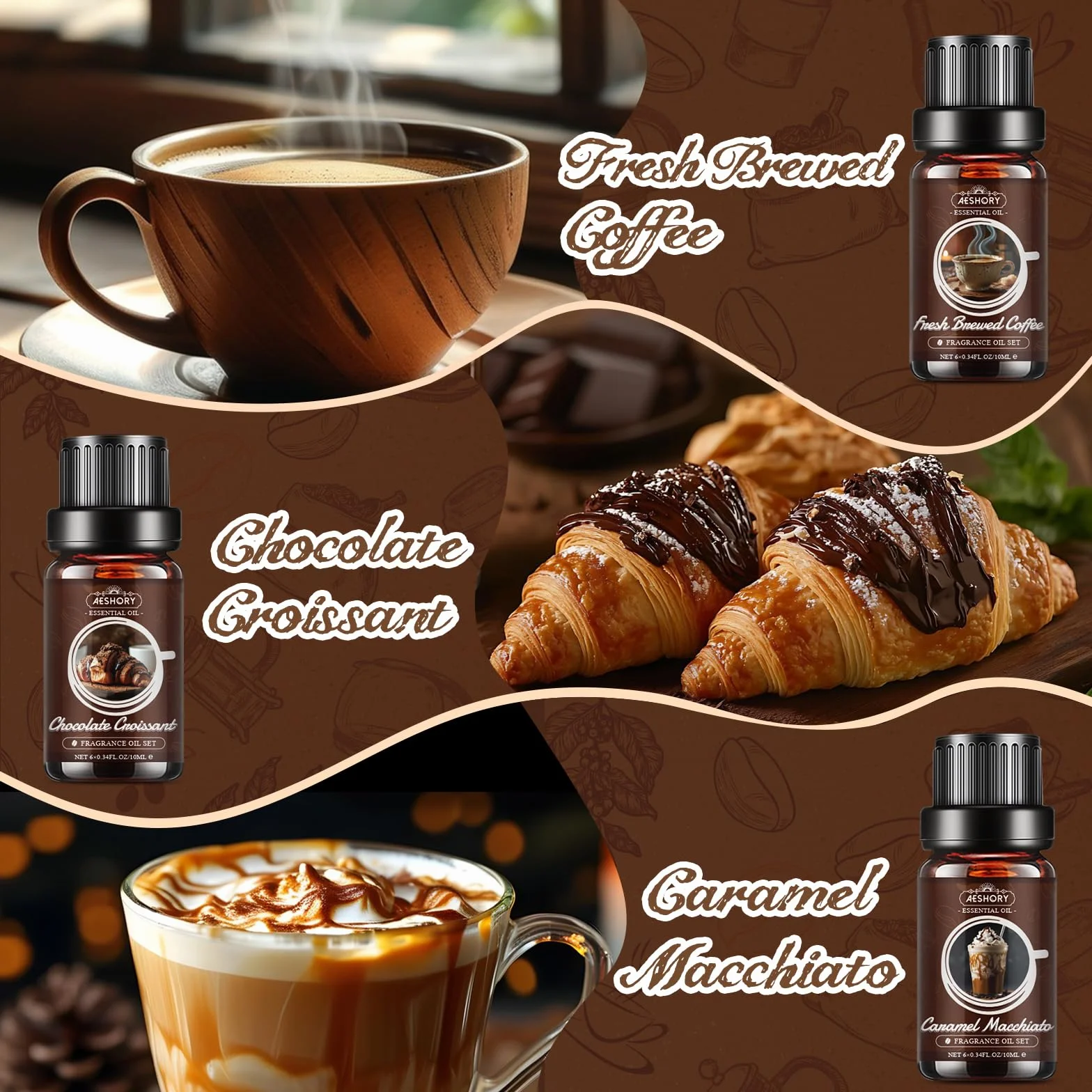 Aeshory Zestaw Olejków Eterycznych Do Kawy, 6 x 10 ml Olejków Do Dyfuzora Zapachowego, Olejki Zapachowe Do Wyrobu Świec – Świeżo Parzona Kawa, Waniliowe Latte, Karmelowe Macchiato, Cynamonowe Moch
