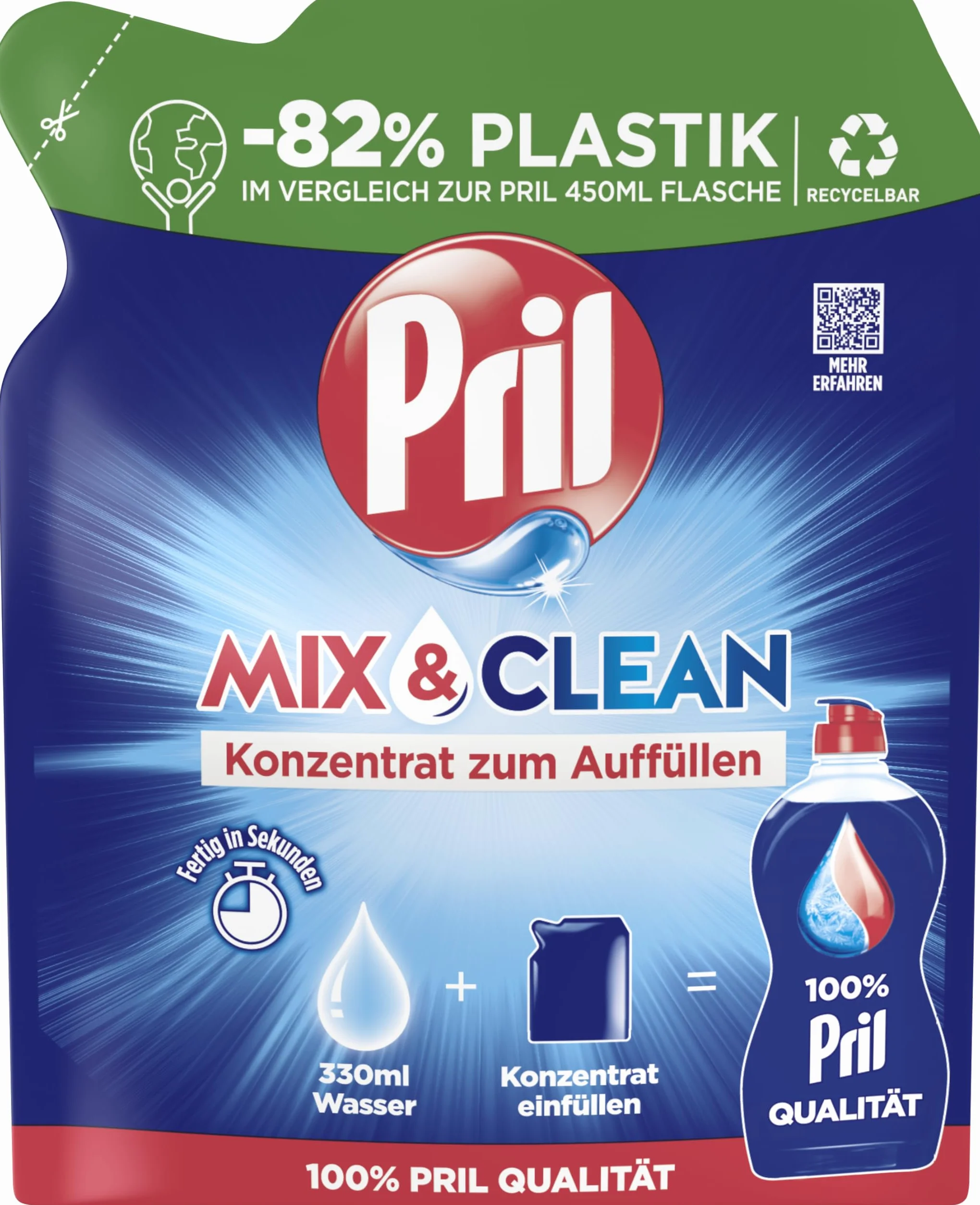 Pril Mix & Clean koncentrat do napełniania (120 ml), płyn do ręcznego mycia naczyń o najwyższej mocy rozpuszczania tłuszczu, do czystych naczyń również w zimnej wodzie, 82% mniej plastiku