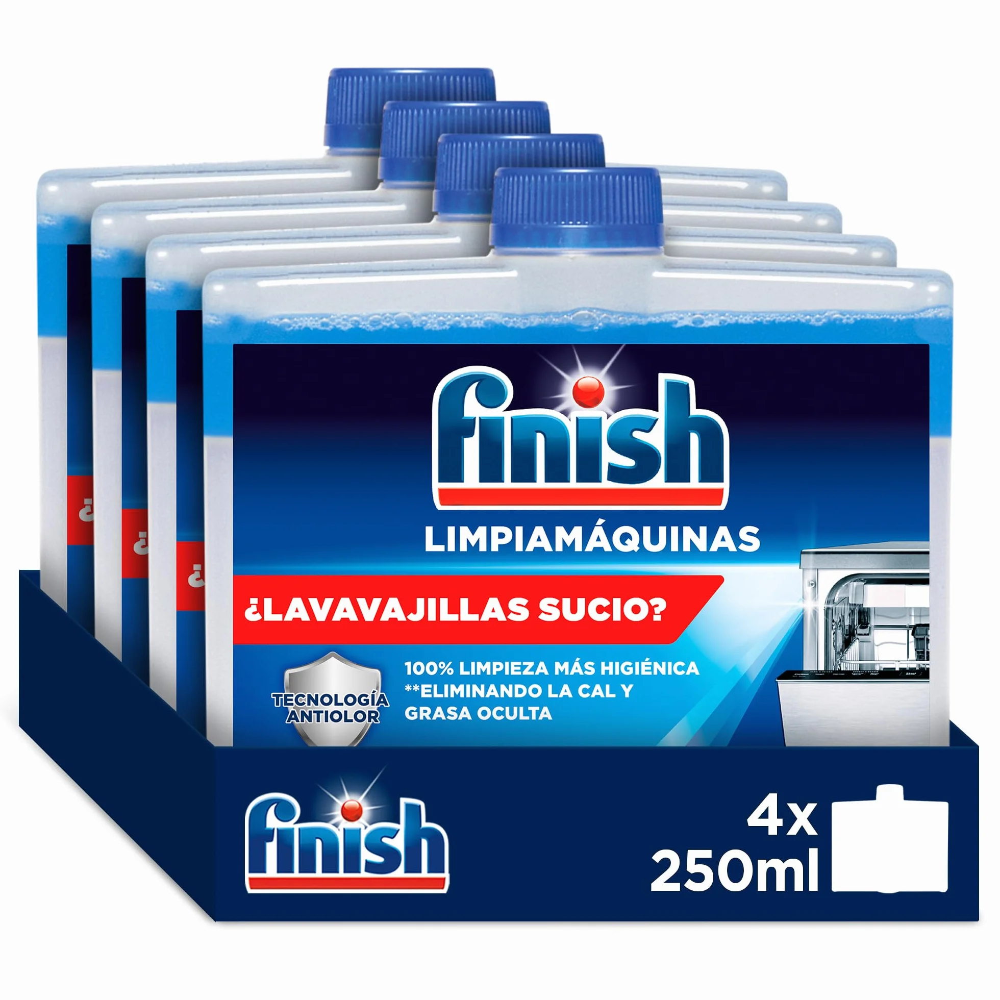 Finish Głęboki środek do czyszczenia maszyn – płynny środek do czyszczenia maszyn przeciwko osadzaniu się kamienia i tłuszczu dla czystej zmywarki – opakowanie ekonomiczne 4 x 250 ml
