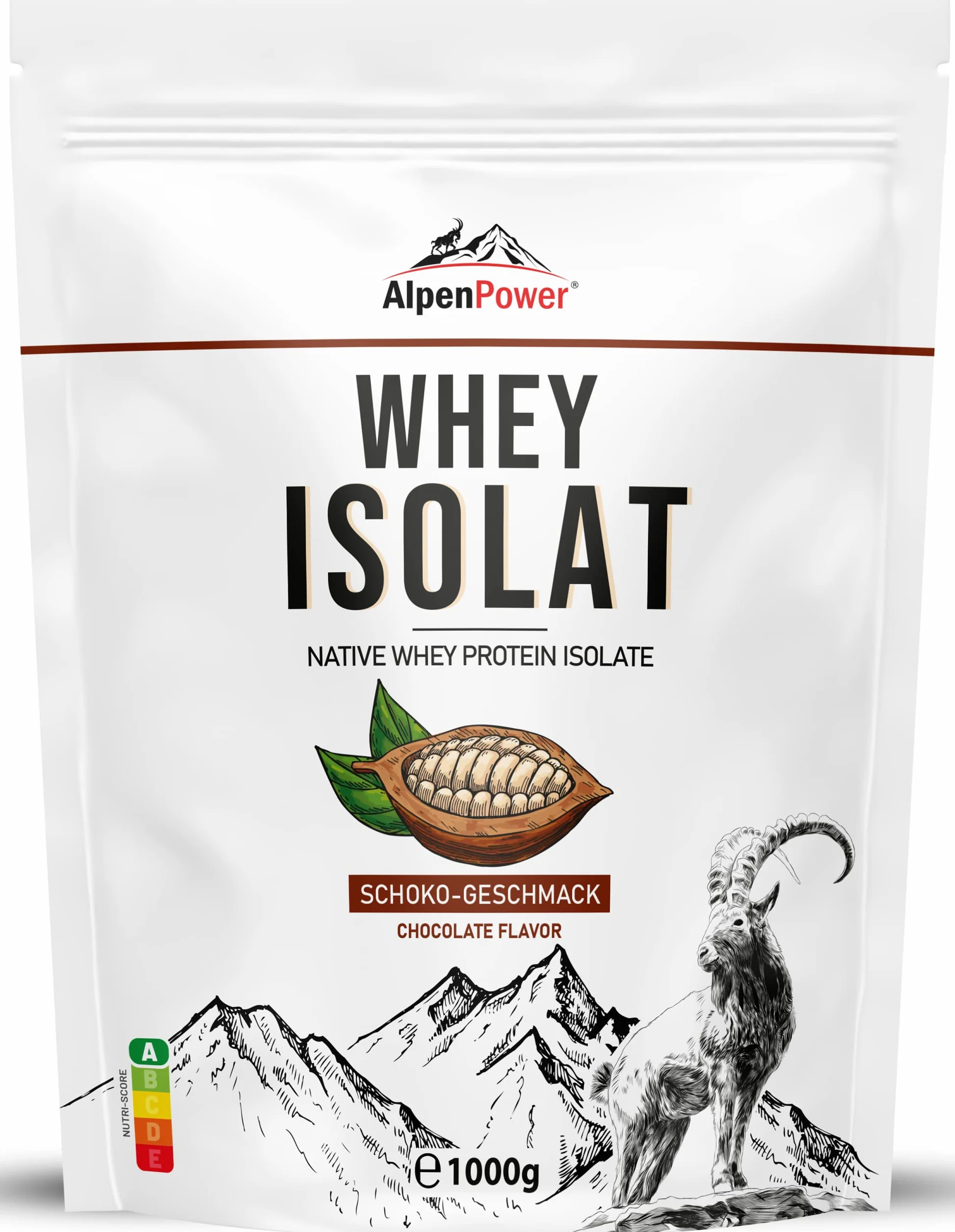 AlpenPower Whey Isolat białko w proszku czekoladowym 1 kg 100% naturalne bez substancji słodzących
