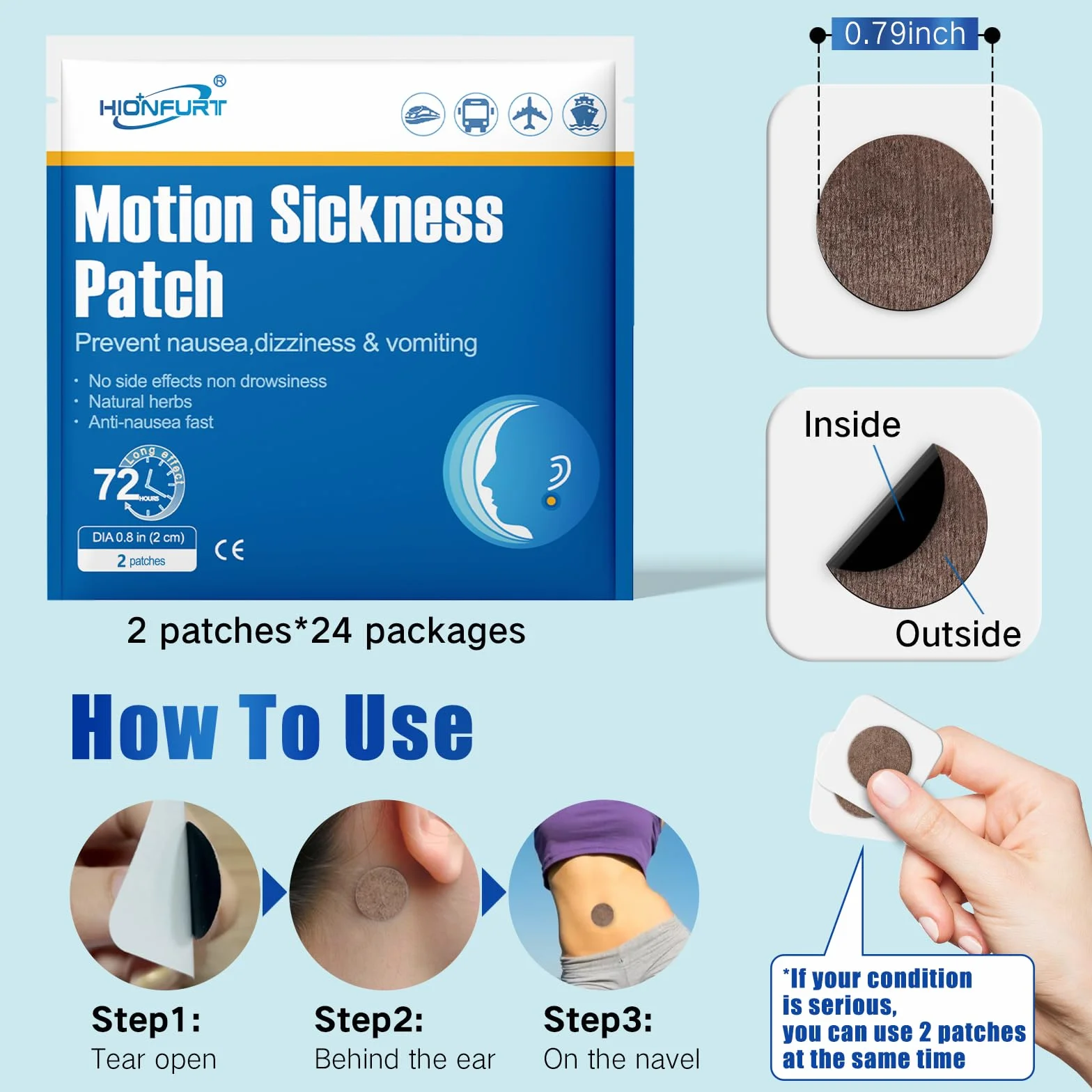 Hionfurt 48 Counts Motion Sickness Patches for Relief Cruise Airsamolot, Naturalne, Bez Silnego Zapachu Plaster na Chorobę Morską za Ucho, Szybkie Działanie