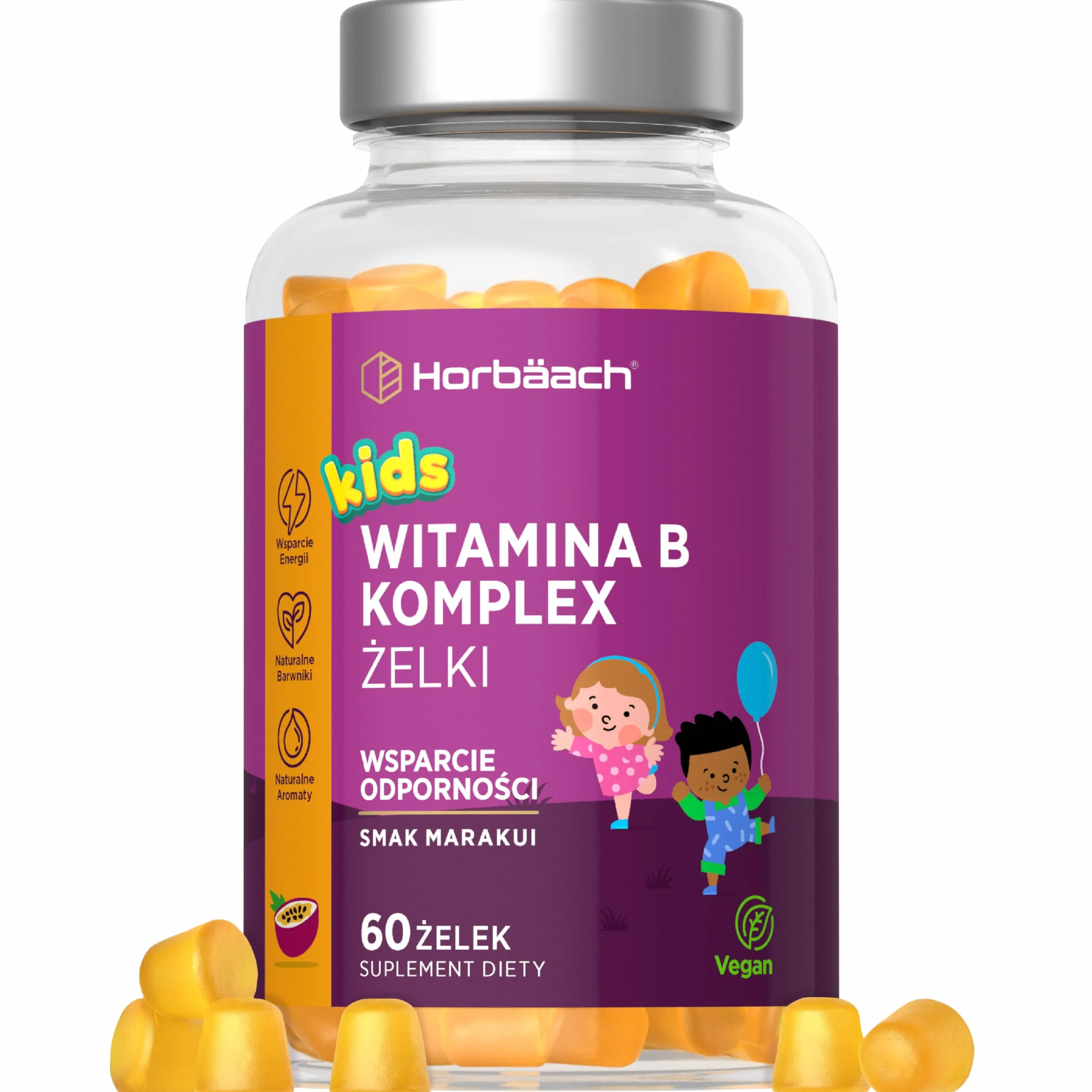 Witamina B Żelki dla Dzieci 60 Żelek Horbaach – Kompleks Witamin B12, B6, B1, B2, B3, B5, Biotyna, Kwas Foliowy, Cynk, Jod
