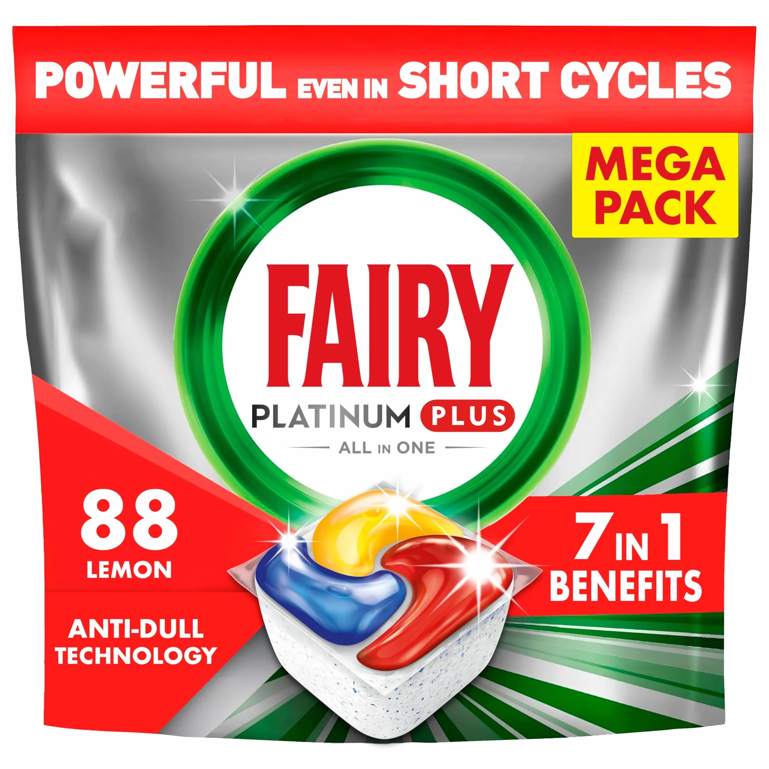 Fairy Platinum Plus Tabletki do Zmywarki All in One, 88 Sztuk, Zapach Cytrynowy, Nadają Połysk i Zapobiegają Powstawaniu Kamienia