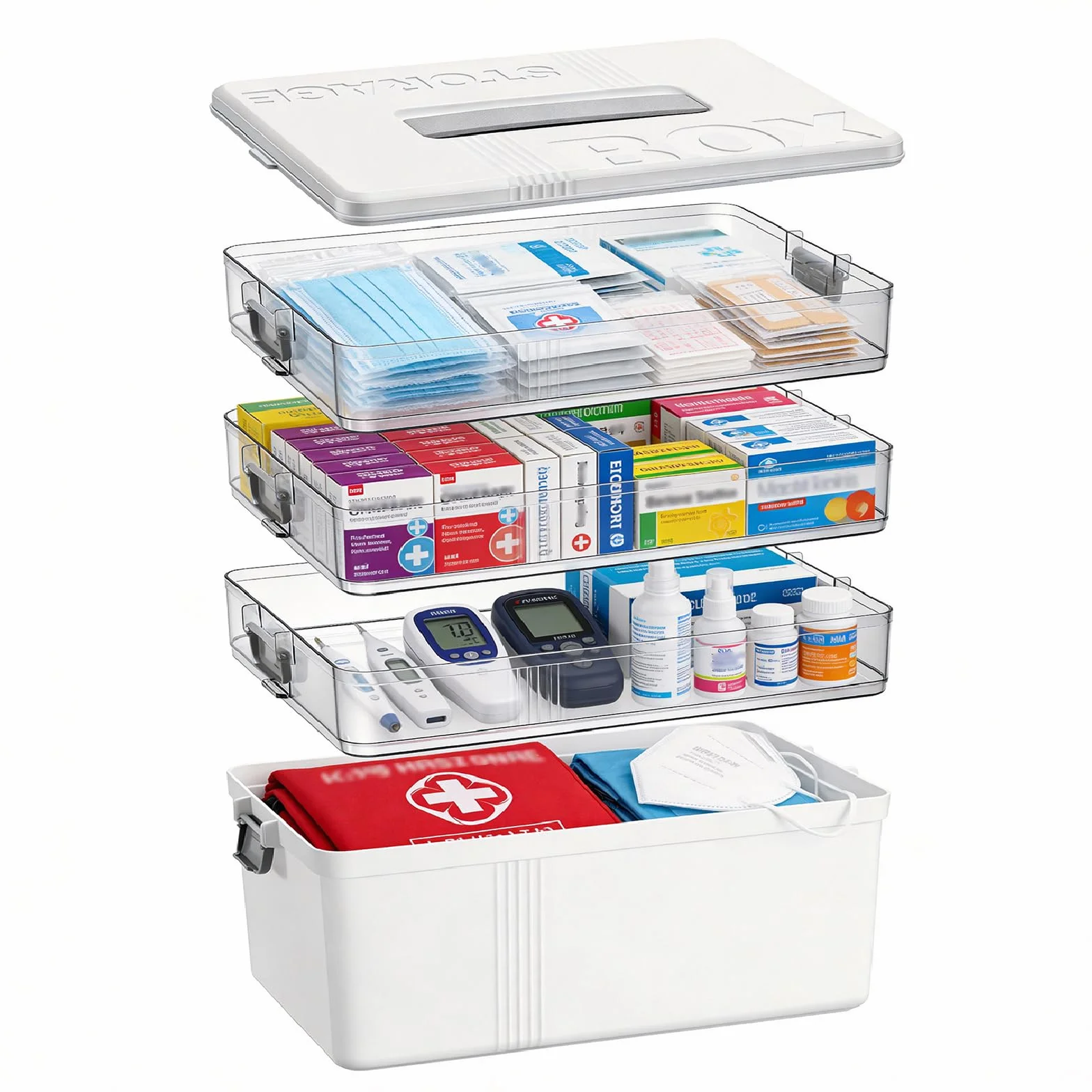4-poziomowe pudełko na leki 33,5 x 22 x 29 cm ze skórzanym uchwytem organizer na apteczkę domową