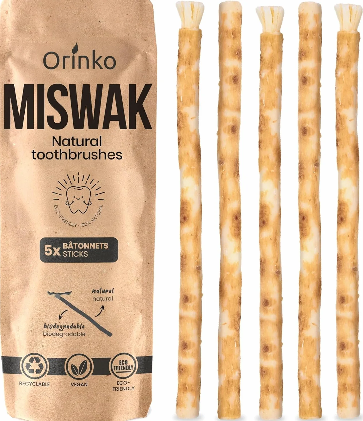 ORINKO Siwak x5, drewniany kij Miswak Araq (Salvadora Persica), naturalna szczoteczka do zębów, oczyszczanie, dezynfekcja, wybielanie, ekologiczna, biodegradowalna i wegańska