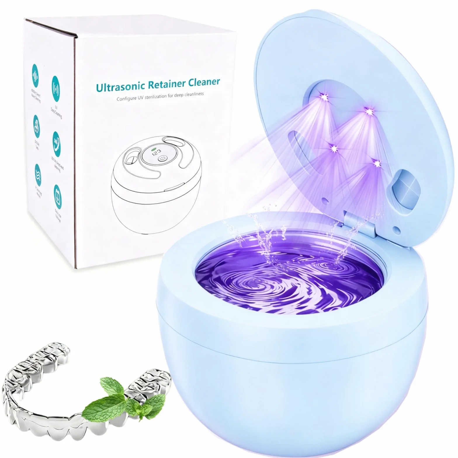 Ultrasoniczne urządzenie do czyszczenia Retainer Cleaner, TechKen 45kHz dentystyczna maszyna czyszcząca z lampą UV, przenośny oczyszczacz ultradźwiękowy do protez, alignerów, ochraniacz szczęki
