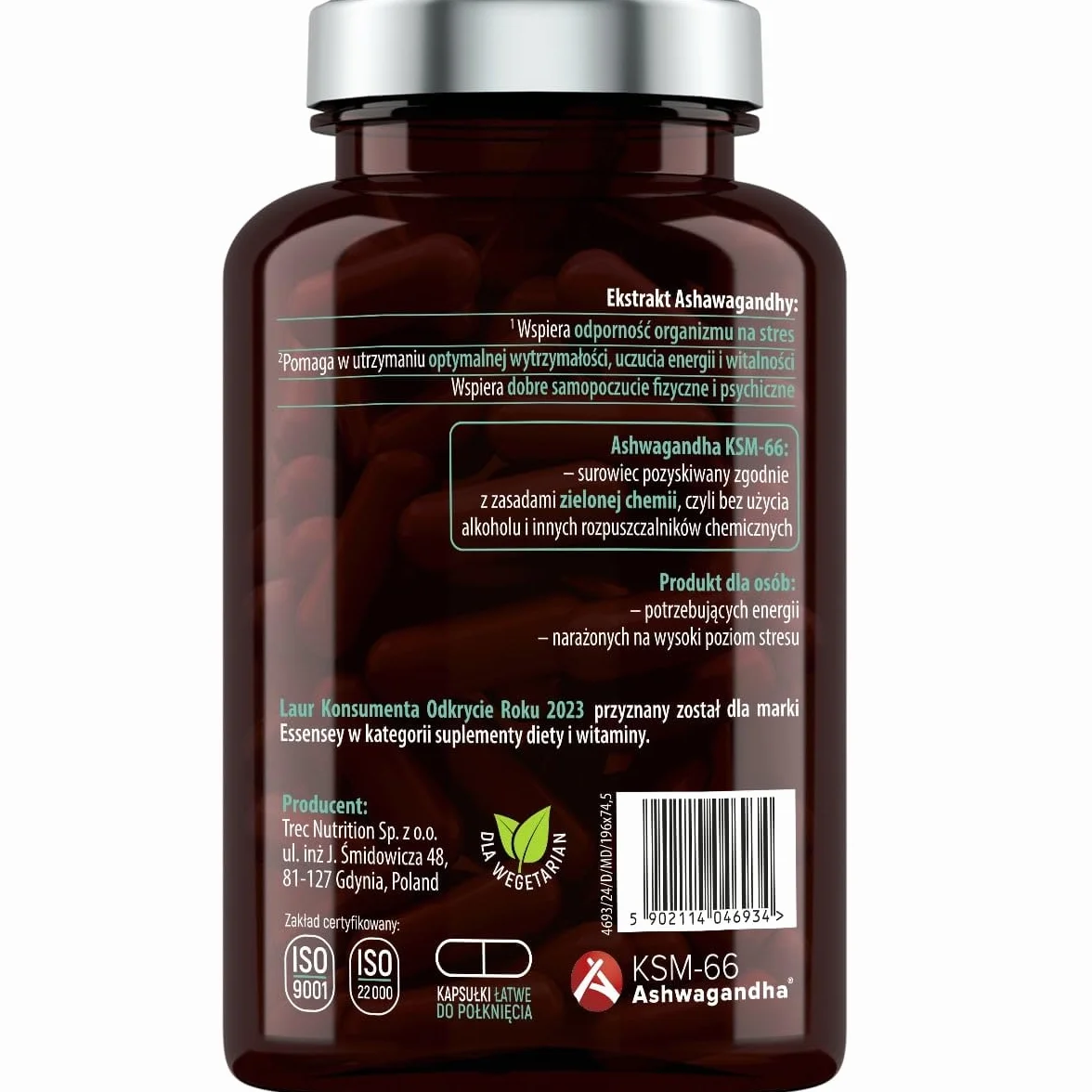 ESSENSEY - ASHWAGANDHA 200mg I 90 kapsułek I Ashwaghanda KSM-66 I 10 mg Vitanolide I Wegetariańskie i bez dodatków I Kapsułka celulozowa