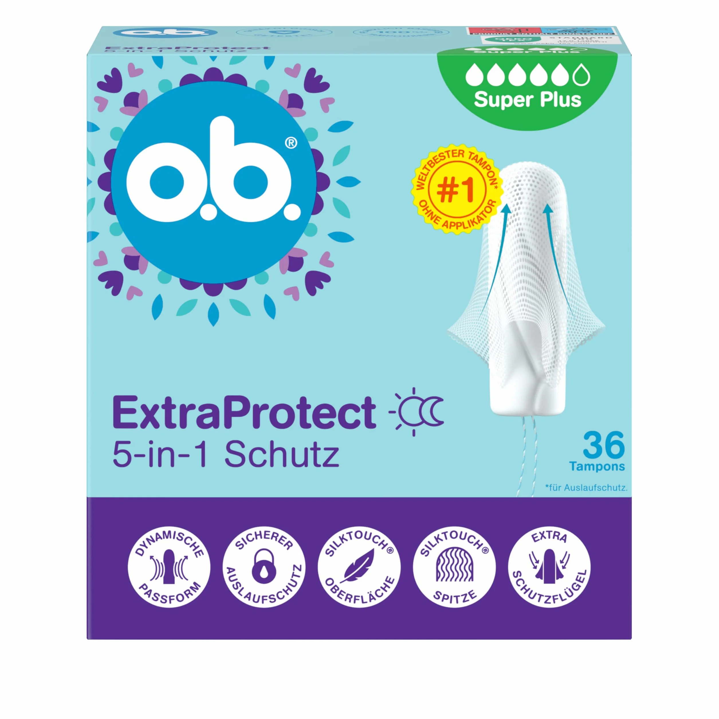 o.b. ExtraProtect 5 w 1 tampony ochronne (1 x 36 szt.) z dodatkowymi skrzydłami ochronnymi dla najlepszej na świecie niezawodnej ochrony przed wyciekiem i komfortu