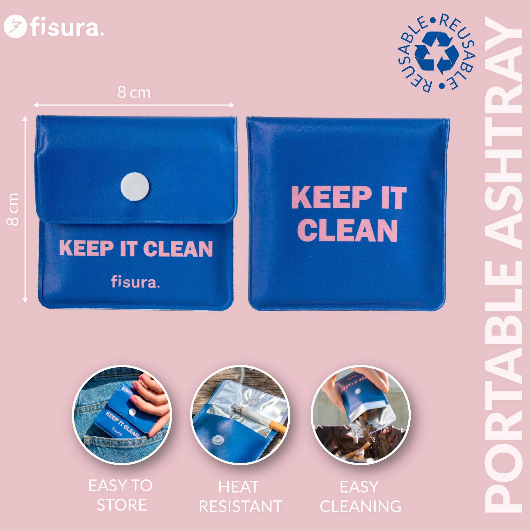 Fisura – Popielniczka przenośna „Keep it clean” 8 x 8 cm, kieszonkowa popielniczka do samochodu i na podróż, wielokrotnego użytku saszetka na popiół na zewnątrz