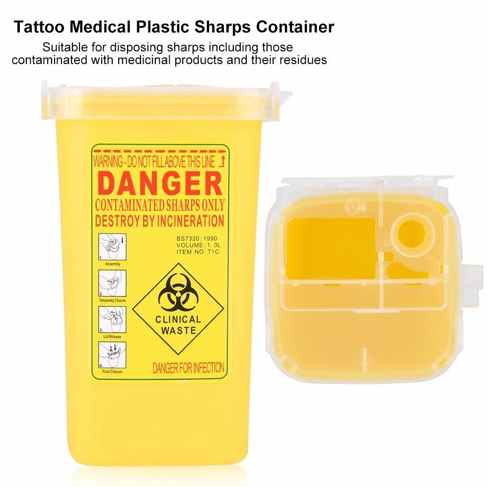 Pojemnik na igły tatuaż Medical Plastic Sharps pojemnik na odpady biologiczne utylizacja igieł 1 l rozmiar pojemnik na odpady tatuaż pojemnik na igły (żółty)