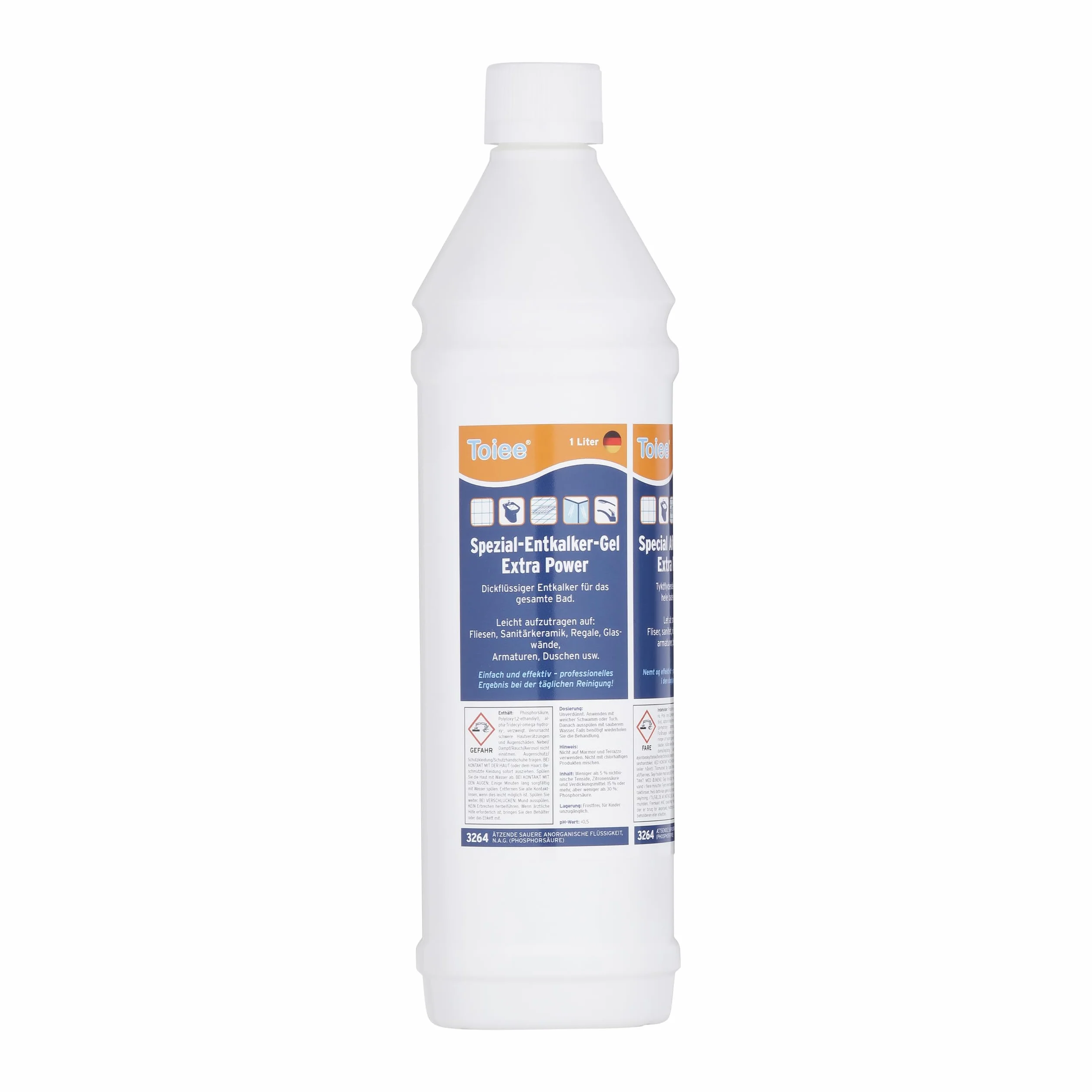 Specjalny żel odkamieniający EXTRA POWER (1000 ml). Płynny odkamieniacz do całej łazienki. Łatwy do zastosowania na: płytki, ceramikę sanitarną, półki, szkło, ściany, armatura, prysznic itd.