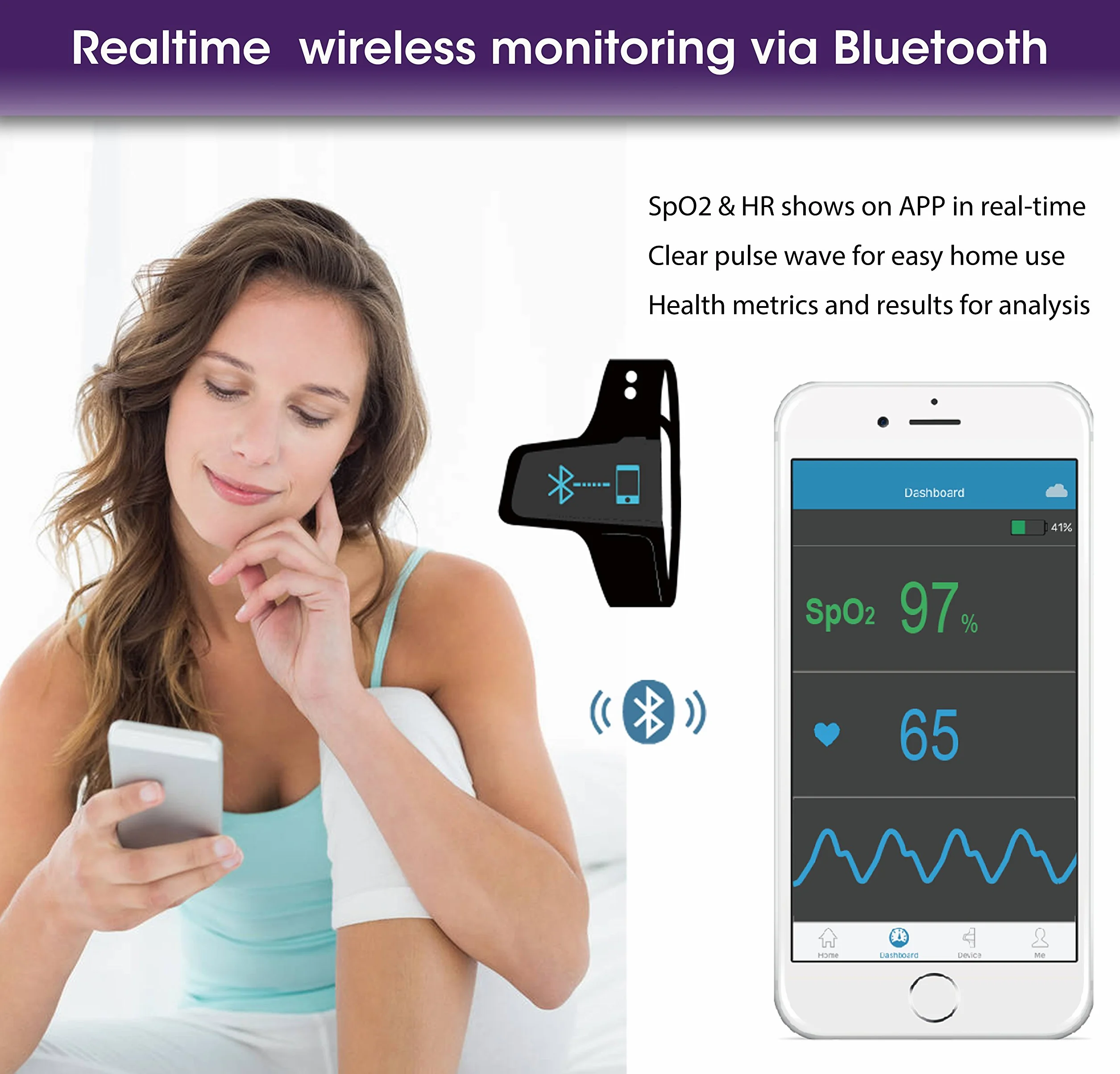 Checkme™ O2 Monitor snu, przenośny monitor tlenu i tętna, opatentowany czujnik kciuka, pulsoksymetr SpO2 z inteligentnym alarmem wibracyjnym, Bluetooth, przeciw chrapaniu, opaska na nadgarstek z