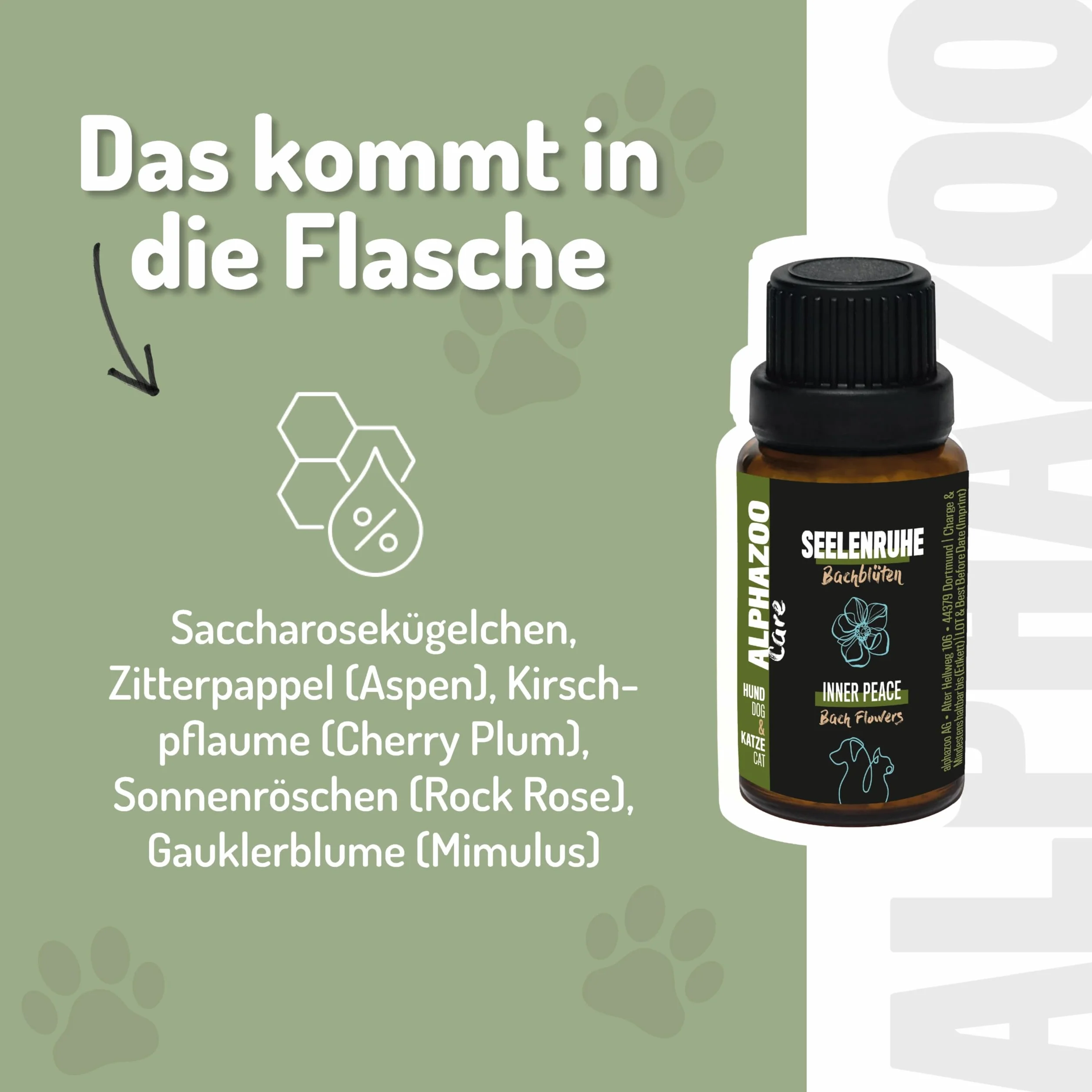 alphazoo Seelenruhe Bach kwiaty dla psów i kotów 15ml, globulki przeciw pośpiechowi i stresowi zwierząt, naturalnie łagodny środek uspokajający dla spokoju i równowagi, mieszanka kwiatów według dr Bacha