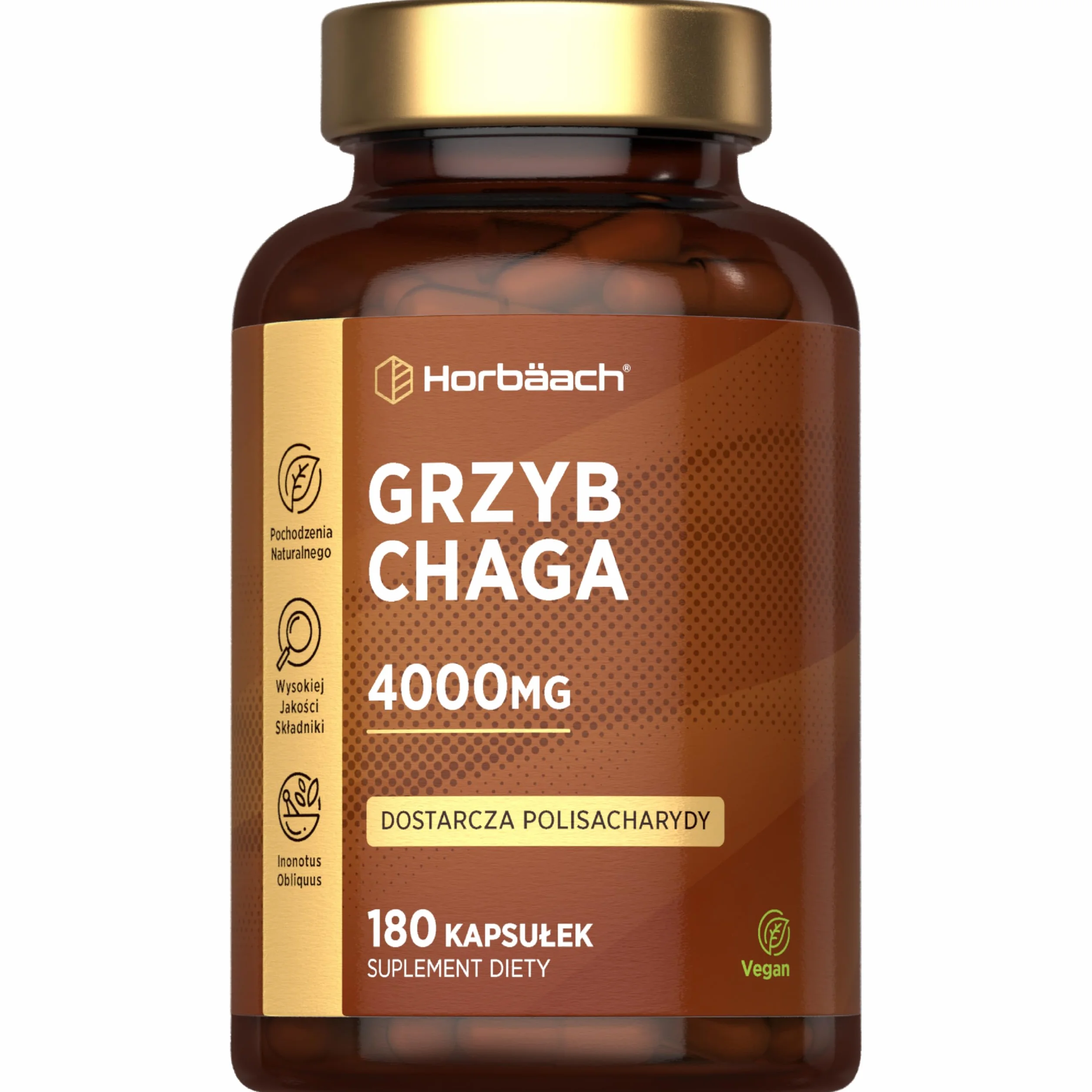 Chaga Grzyb Kapsułki 4000mg | Błyskoporek Podkorowy lub Chaga (Inonotus obliquus) | Naturalnego Pochodzenia | 90 Wegańskich Kapsułek | marki Horbaach