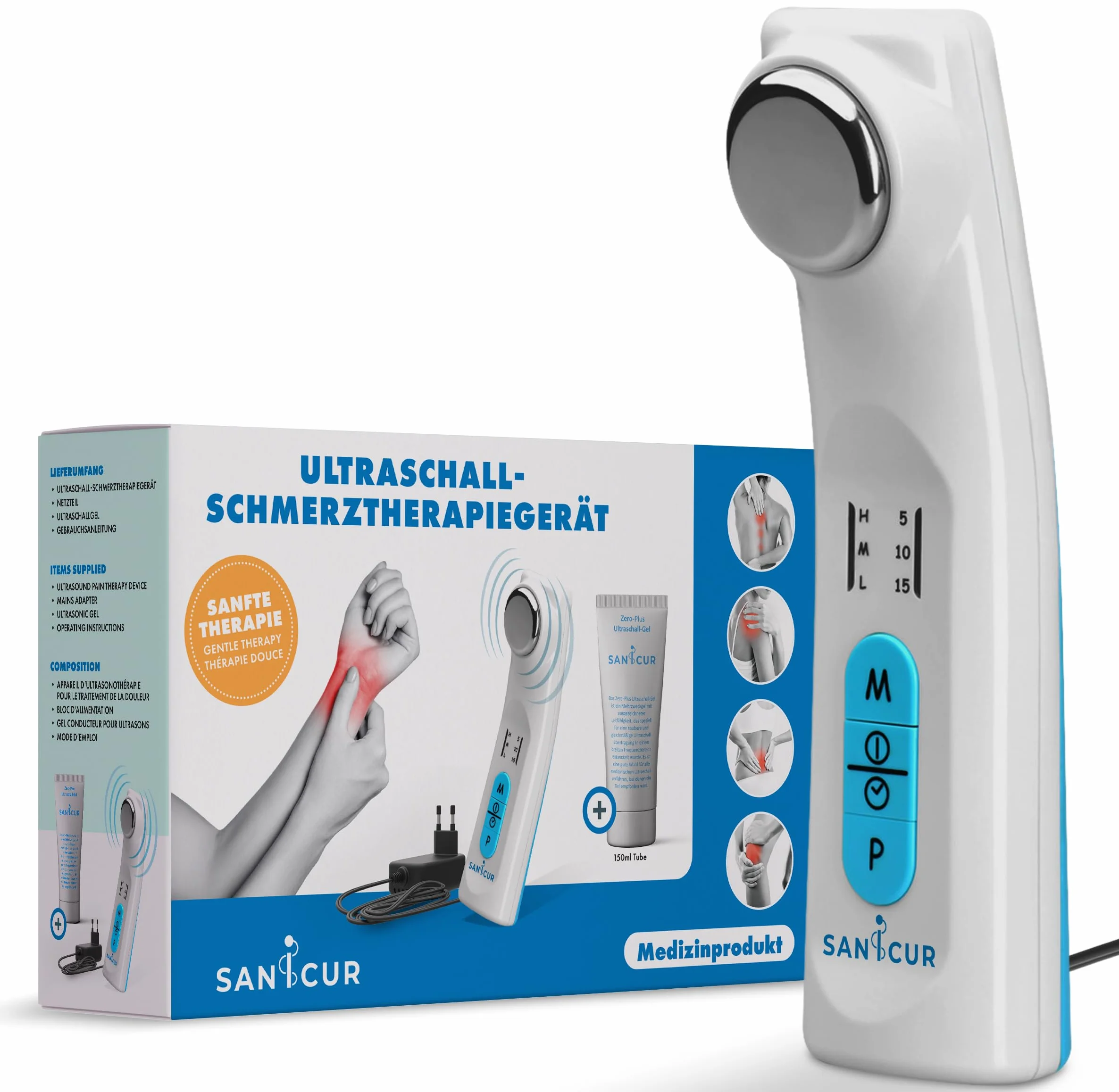 Ultradźwiękowa terapia bólu – certyfikowany produkt medyczny, skuteczny w przypadku bólu mięśni, artrozy, naprężeń i napięć, żel ultradźwiękowy 150 ml, 3 poziomy intensywności, plecy i stawy