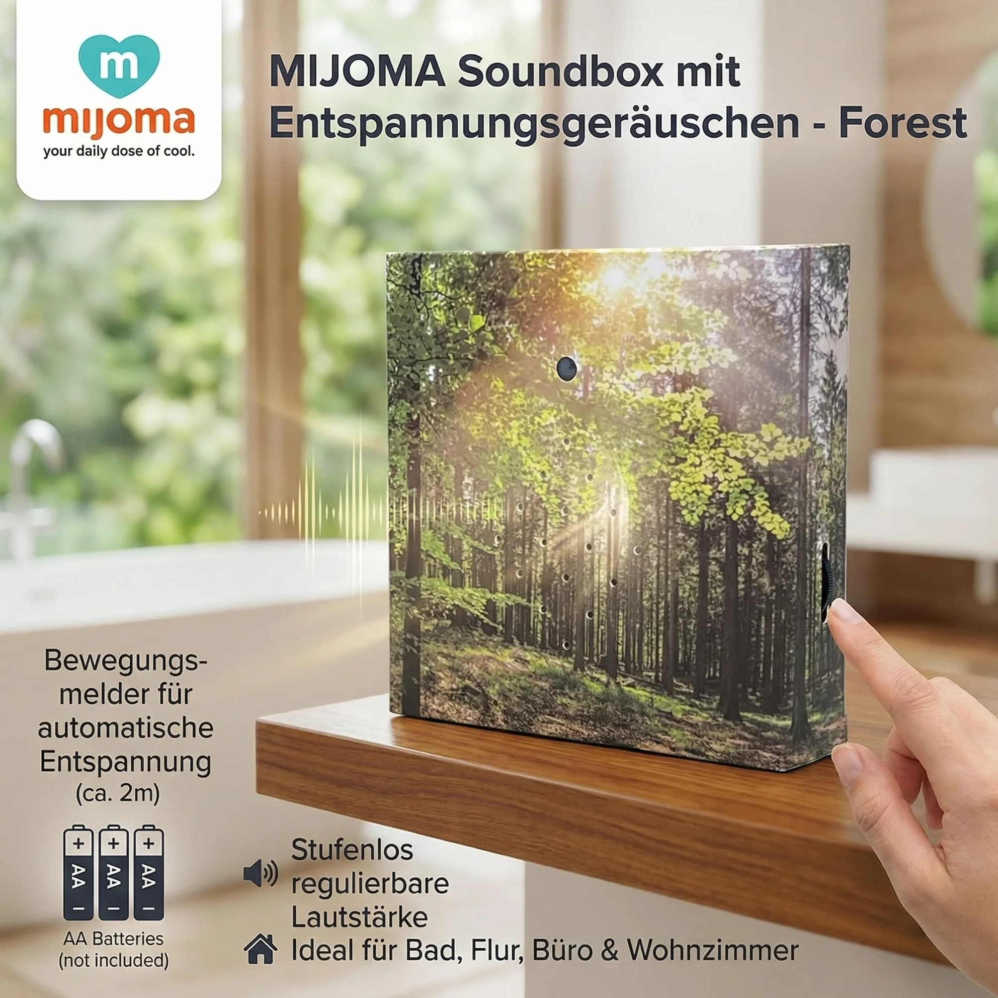 MIJOMA Soundbox z śpiewem ptaków i leśną scenerią – kojący relaks w Twoim domu | głośnik, czujnik ruchu i przełącznik wł./wył. | idealny do łazienki, korytarza, biura i salonu | 12 x 12 cm (las)