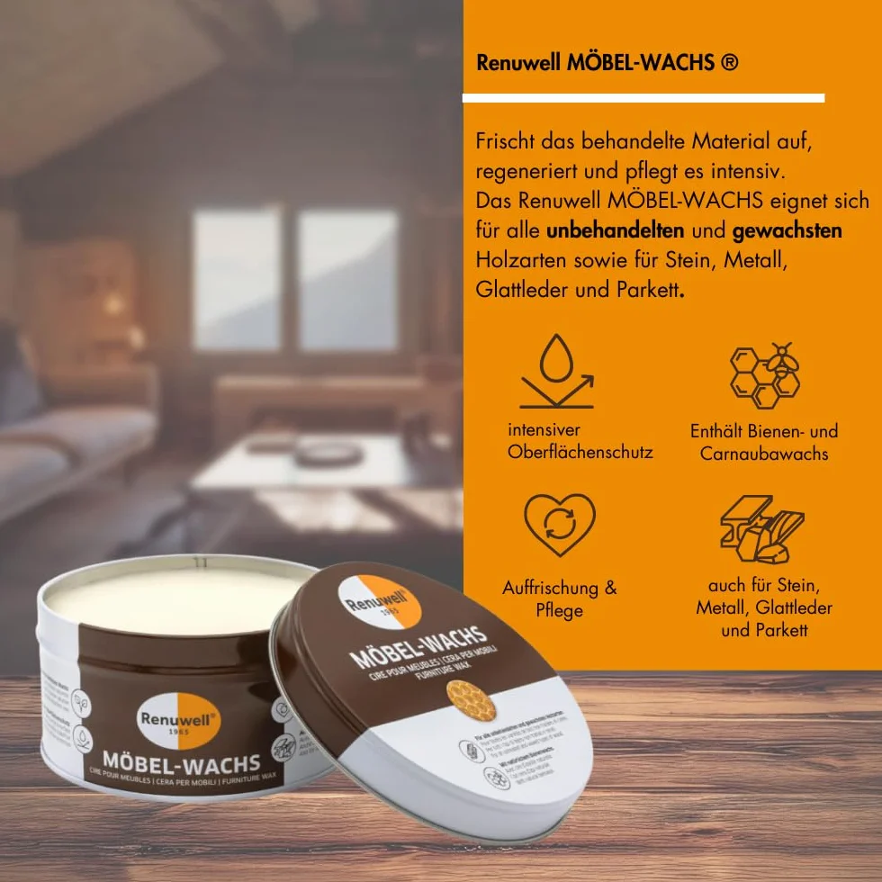 Renuwell Wosk do mebli Natura bezbarwny, 500 ml – wysokiej jakości pielęgnacja mebli z naturalnym woskiem pszczelim, antyczny wosk chroni wszystkie rodzaje drewna przed wilgocią i brudem