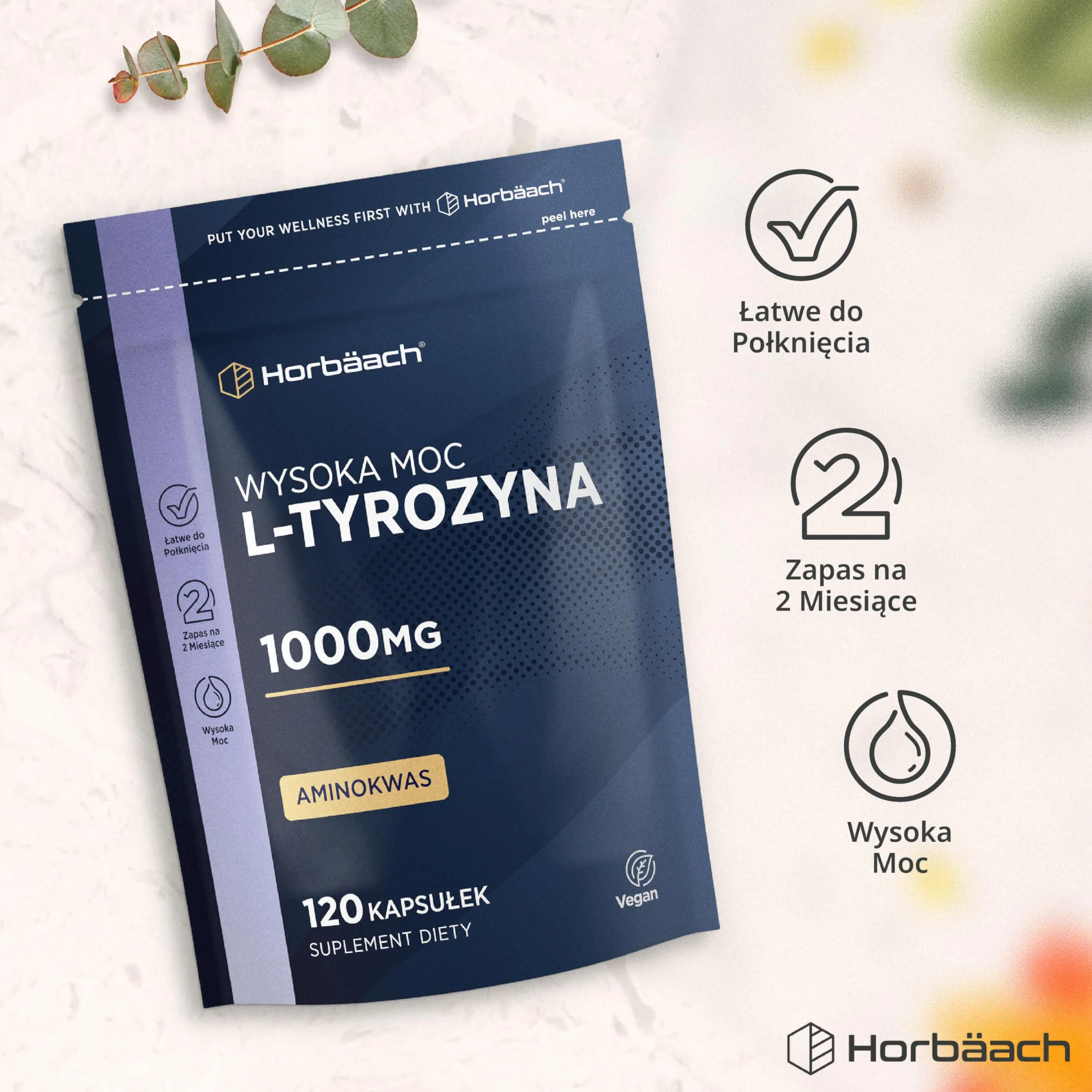 L-Tyrozyna 1000mg | 120 Kapsułek | 100% Wegański Suplement o Wysokiej Mocy | marki Horbaach