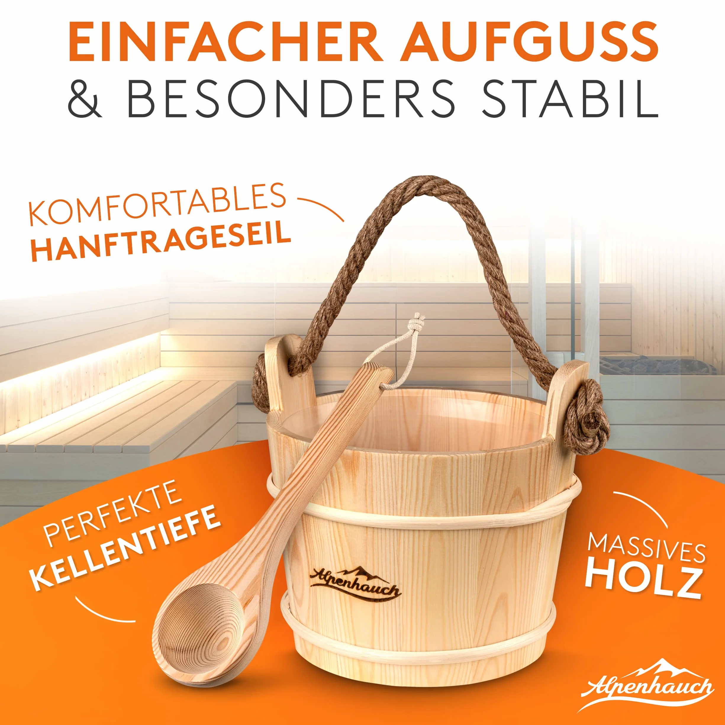 ALPENHAUCH Wiadro do sauny z kielnią [100% naturalne drewno] - eleganckie wiadro do sauny z kielnią - trwałe akcesoria do sauny - zestaw wiader infuzyjnych