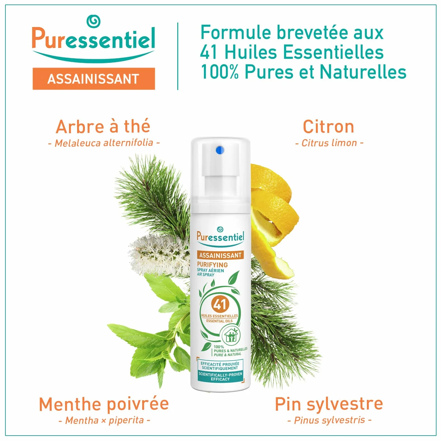Puressentiel Spray oczyszczający powietrze 75 ml, 100% naturalny spray do pomieszczeń, odświeżacz powietrza, eliminator zapachów, organiczne olejki eteryczne, do domu, samochodu i biura, bez gazu